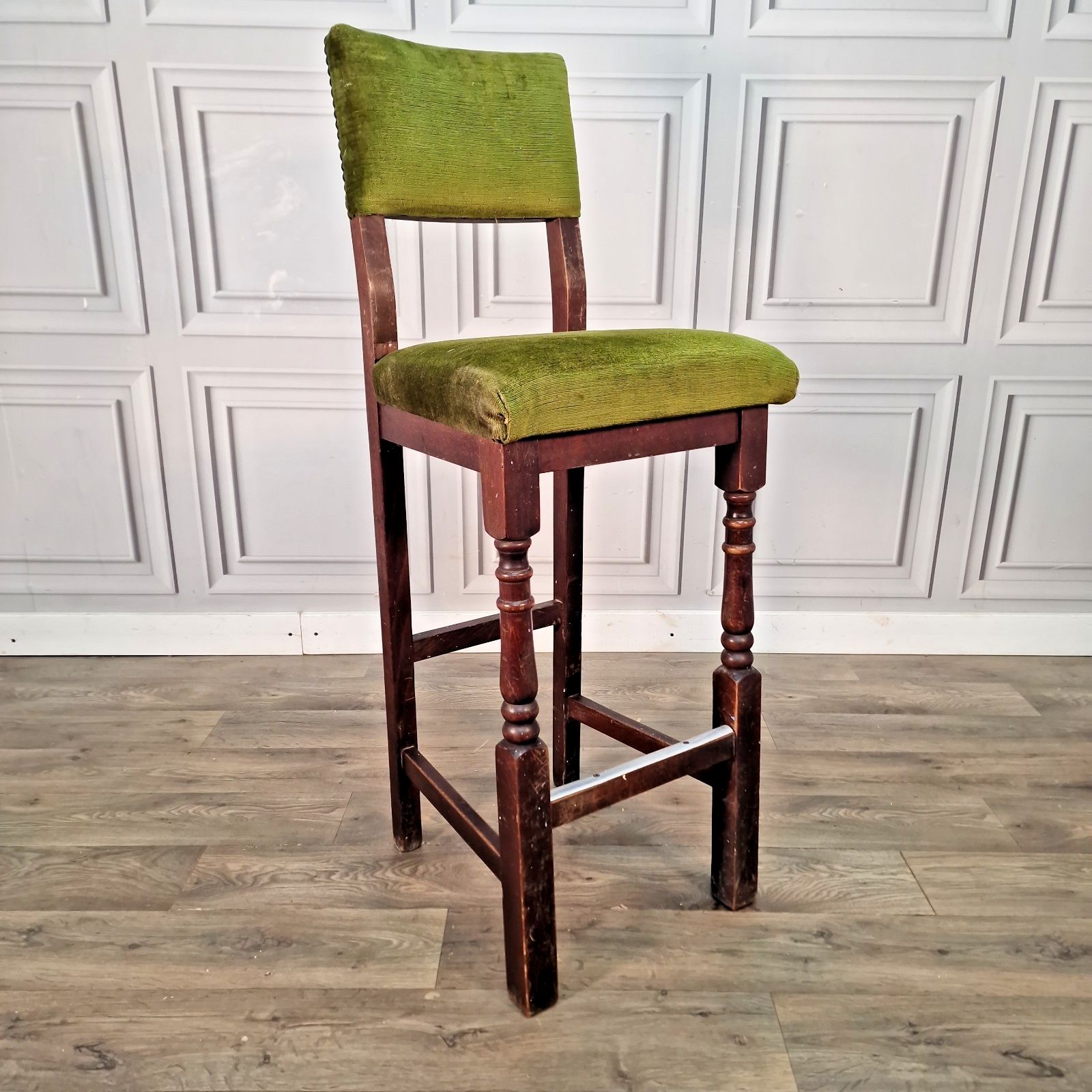 Vintage Tall Stool Chair Upholstered Green Solid Wooden Breakfast Bar Seat Pub