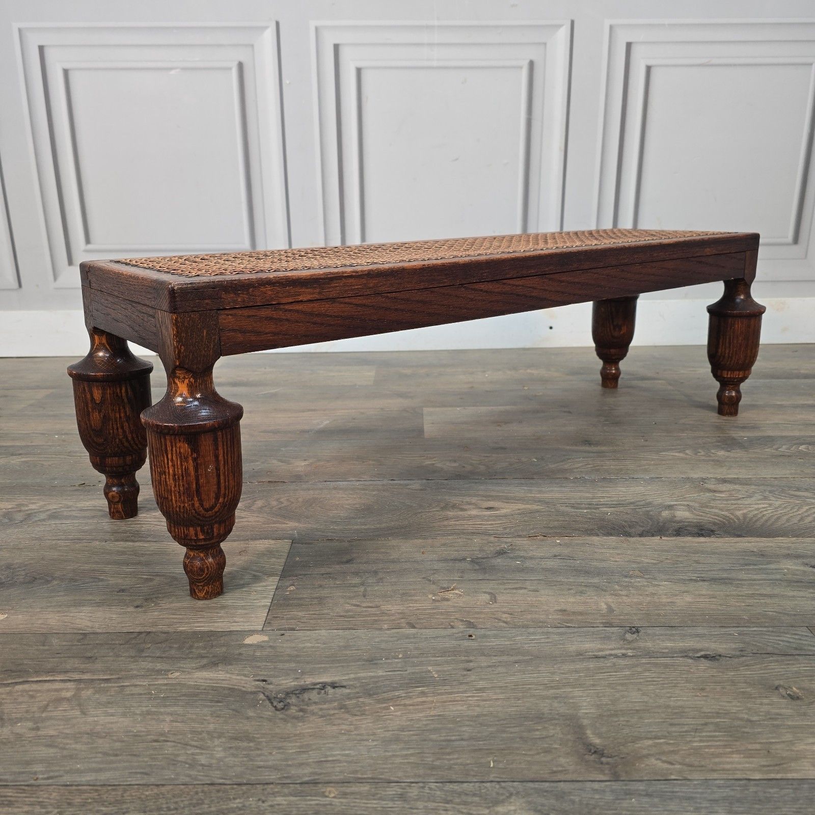 Antique Edwardian Oak Footstool Cane Fireside Fender Stool Bench Solid Wood photo furniture