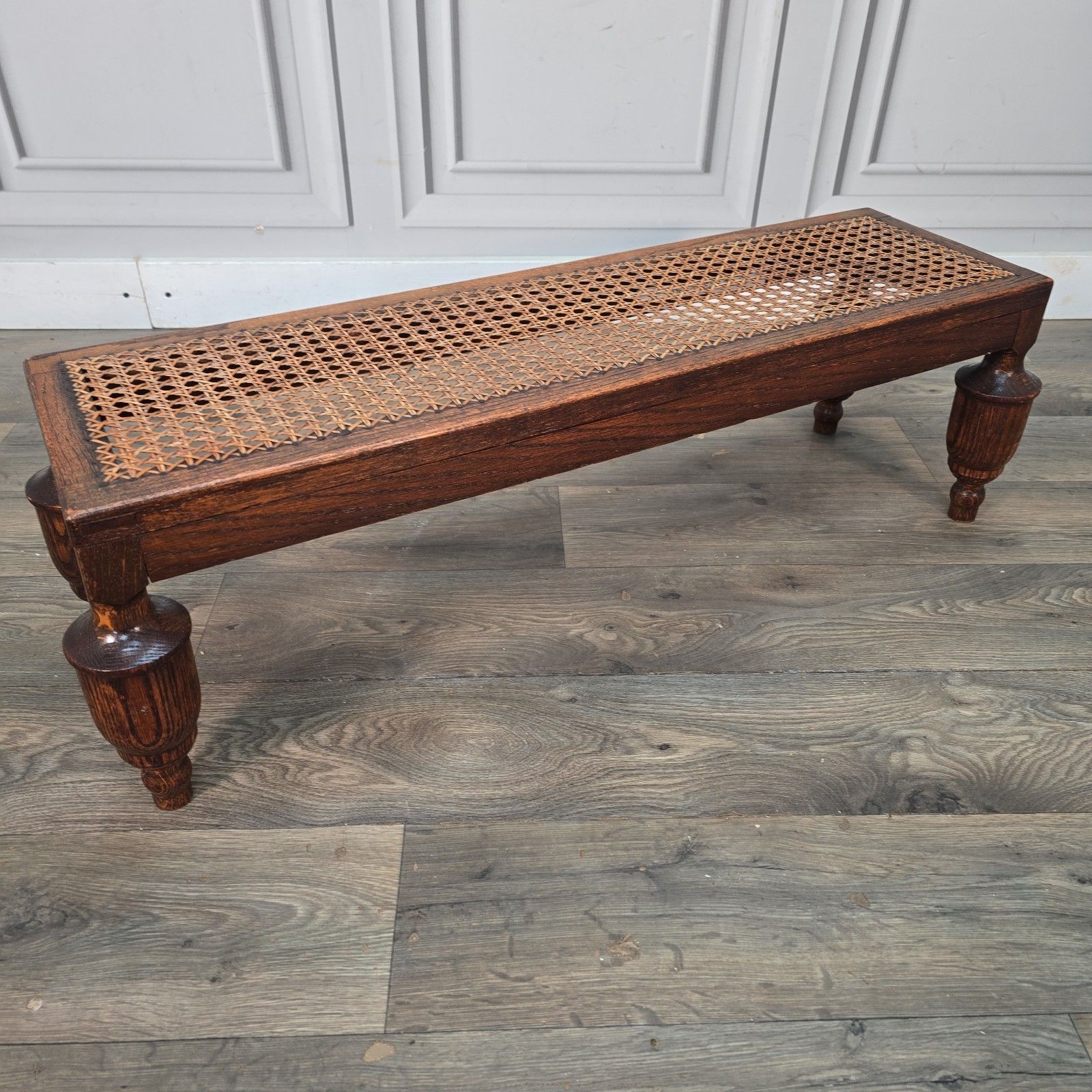 Antique Edwardian Oak Footstool Cane Fireside Fender Stool Bench Solid Wood photo for sale