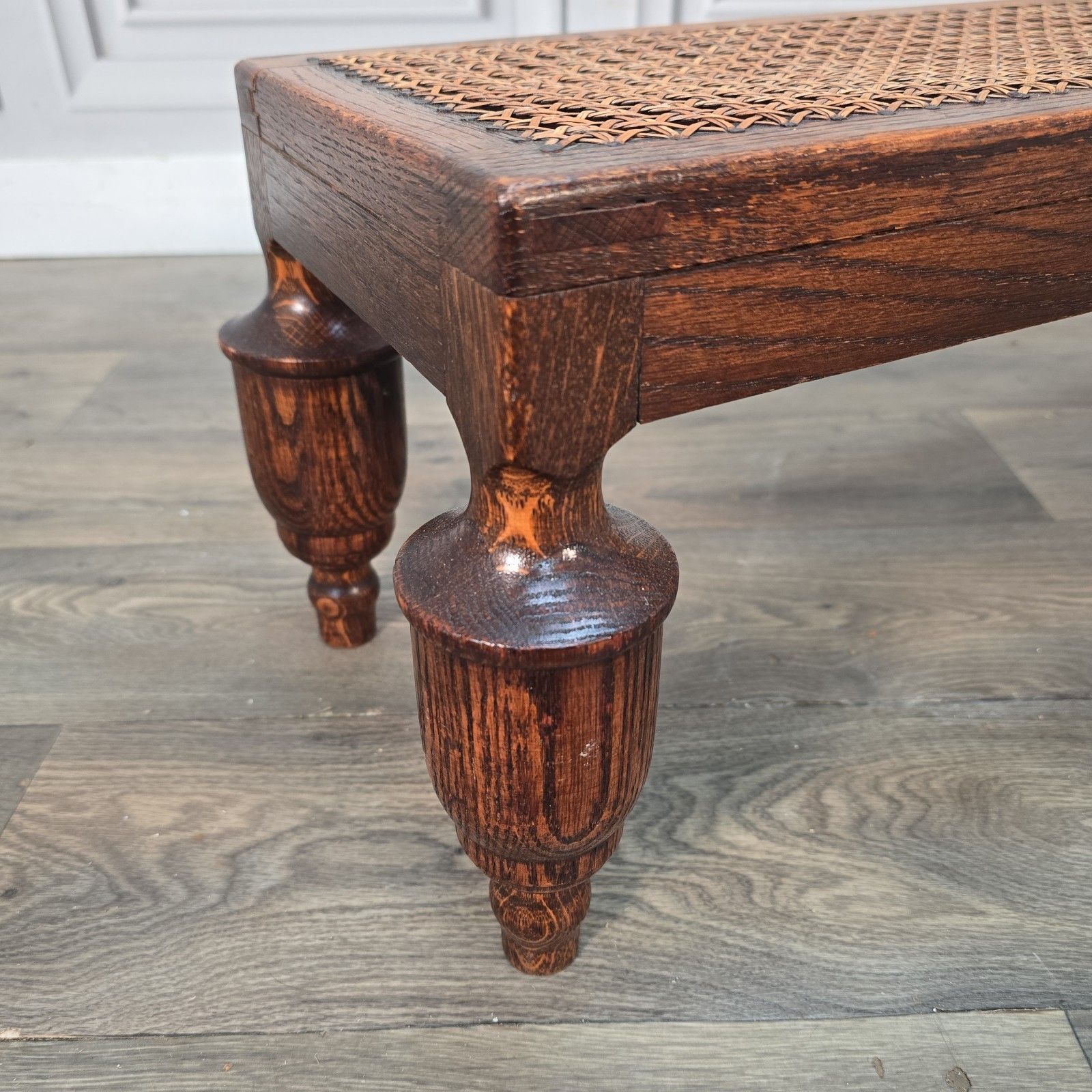 Antique Edwardian Oak Footstool Cane Fireside Fender Stool Bench Solid Wood photo 190.0