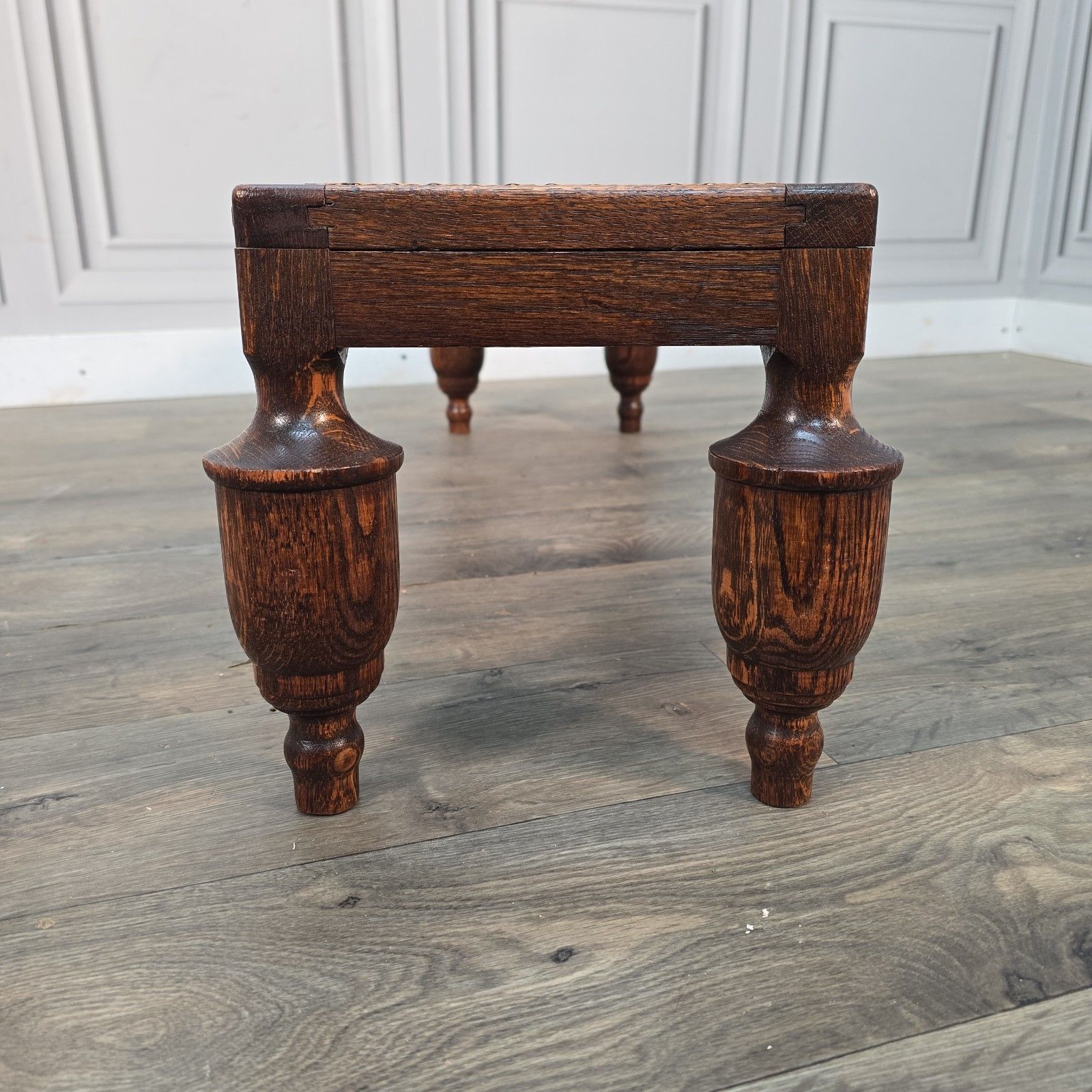 Antique Edwardian Oak Footstool Cane Fireside Fender Stool Bench Solid Wood photo vinterior