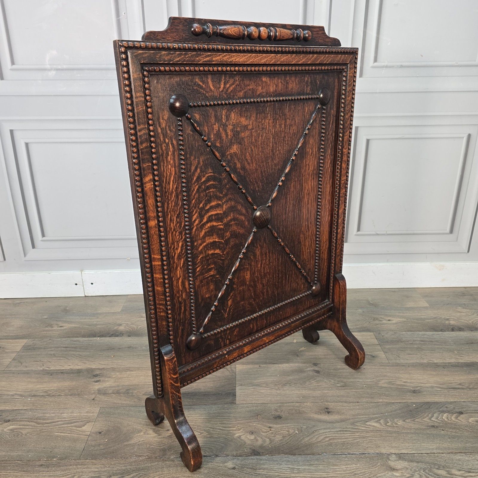 Antique Oak Fire Screen Jacobean Revival Fireside Guard Decorative Stand Wooden photo for sale