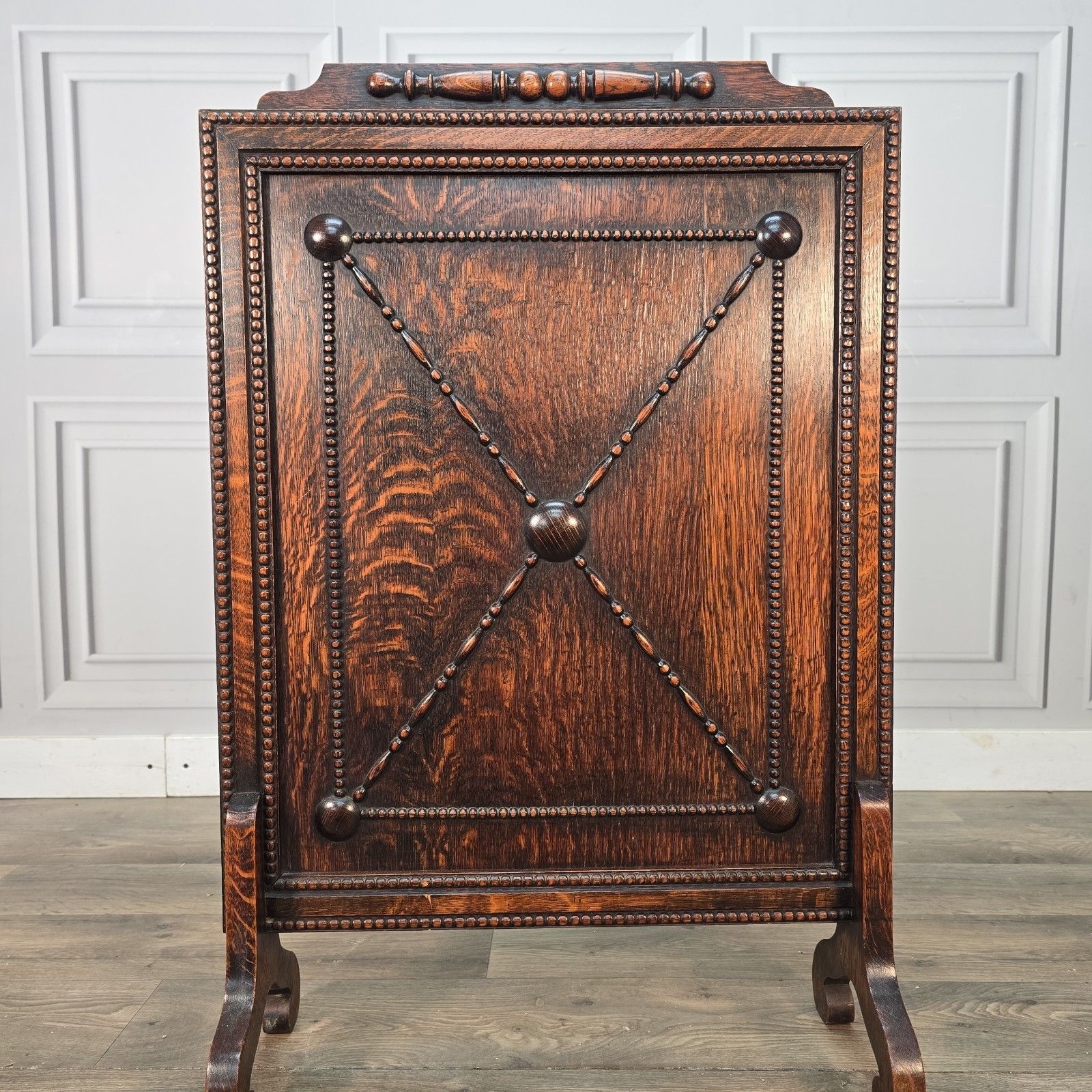 Antique Oak Fire Screen Jacobean Revival Fireside Guard Decorative Stand Wooden photo Home Fixtures