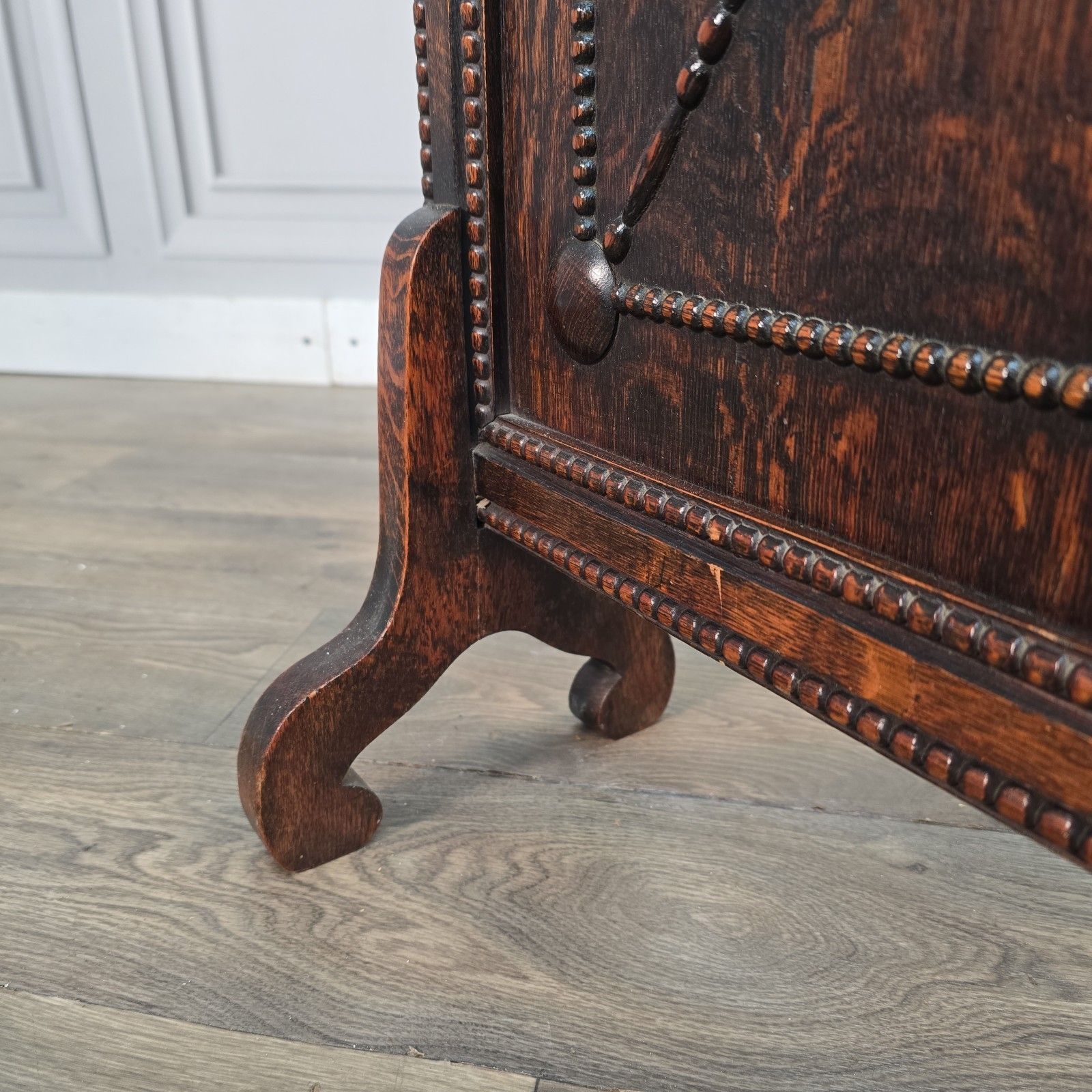 photo for sale Antique Oak Fire Screen Jacobean Revival Fireside Guard Decorative Stand Wooden