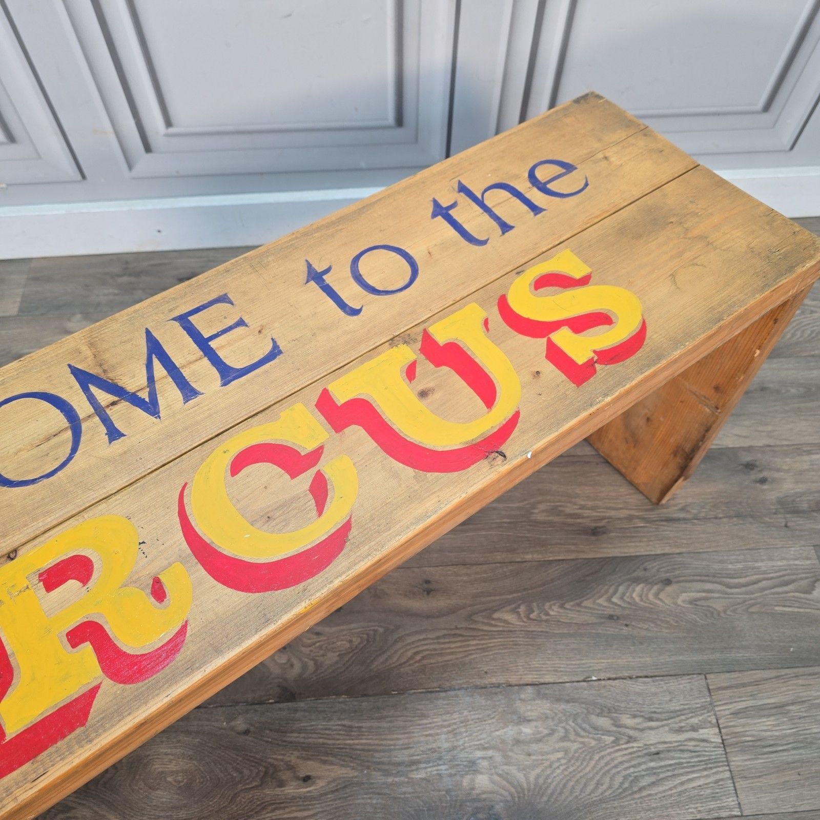 photo for sale Vintage Rustic Bench Circus Sign Solid Pine Folk Art Industrial Style Seat