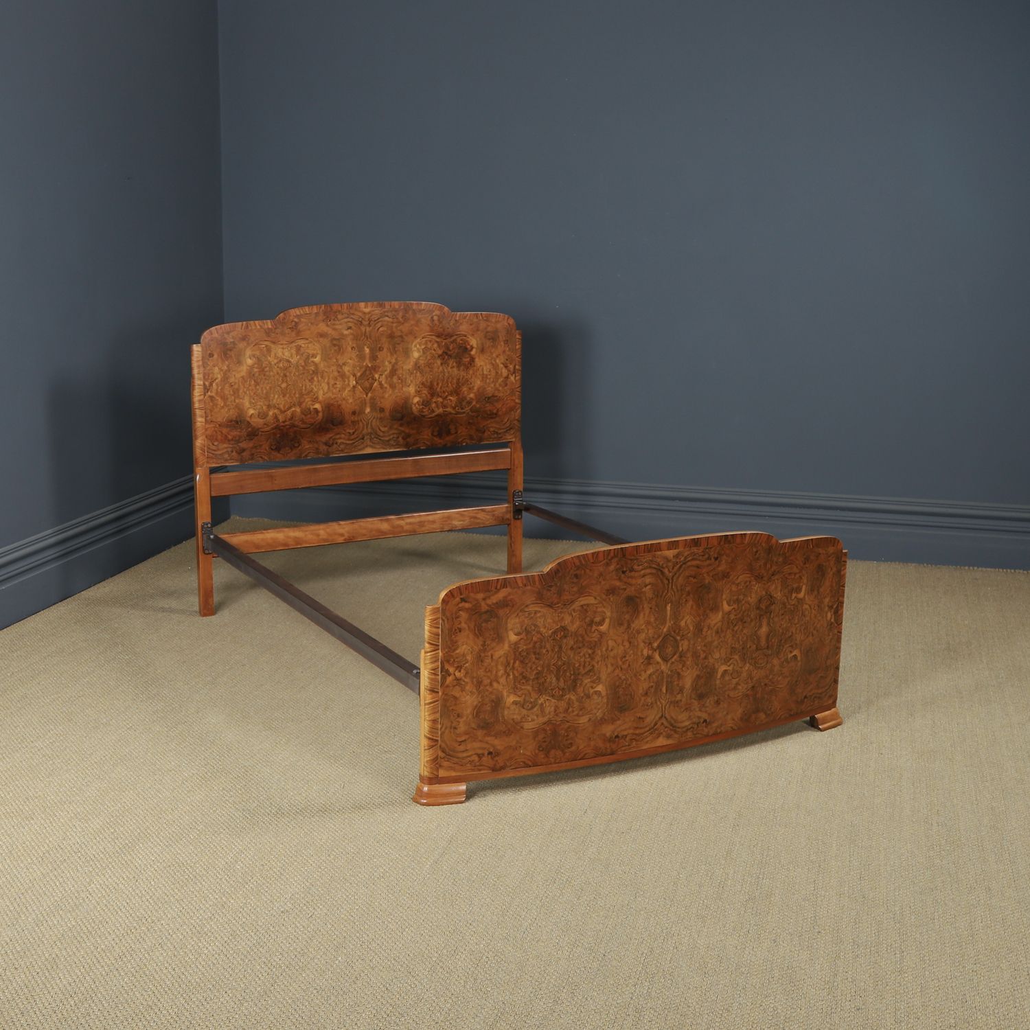 English Art Deco Burr Walnut 4ft 6” Curved Cloud Shaped Double Size Bed (Circa 1930) photo furniture