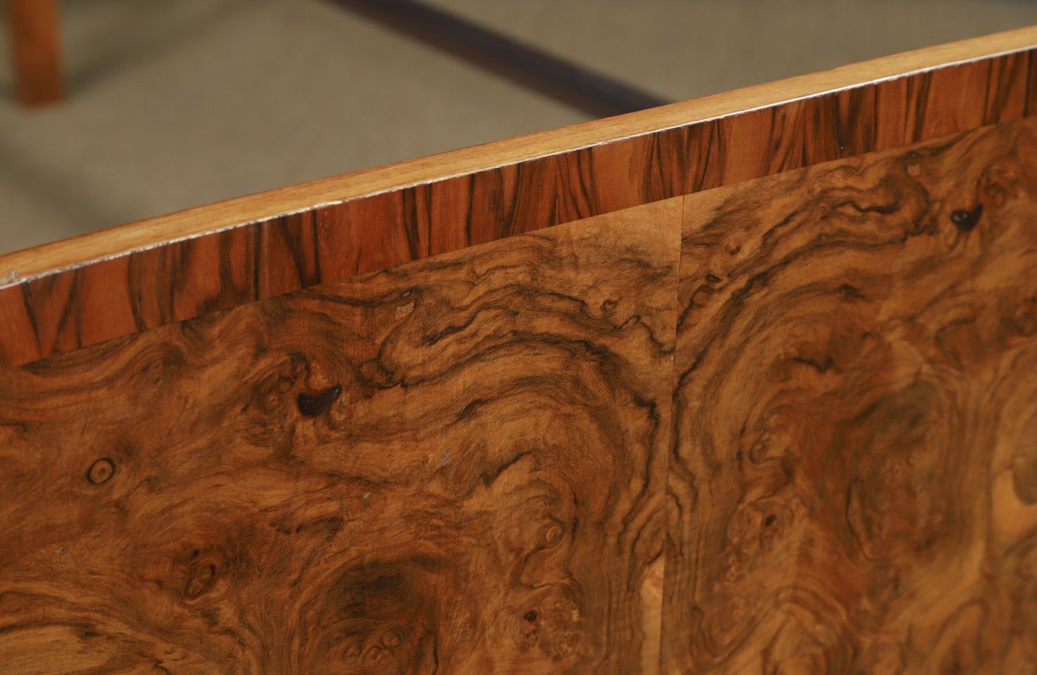 photo for sale English Art Deco Burr Walnut 4ft 6” Curved Cloud Shaped Double Size Bed (Circa 1930)