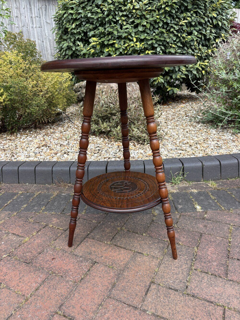 Arts & Crafts Carved Walnut Side Table photo for sale