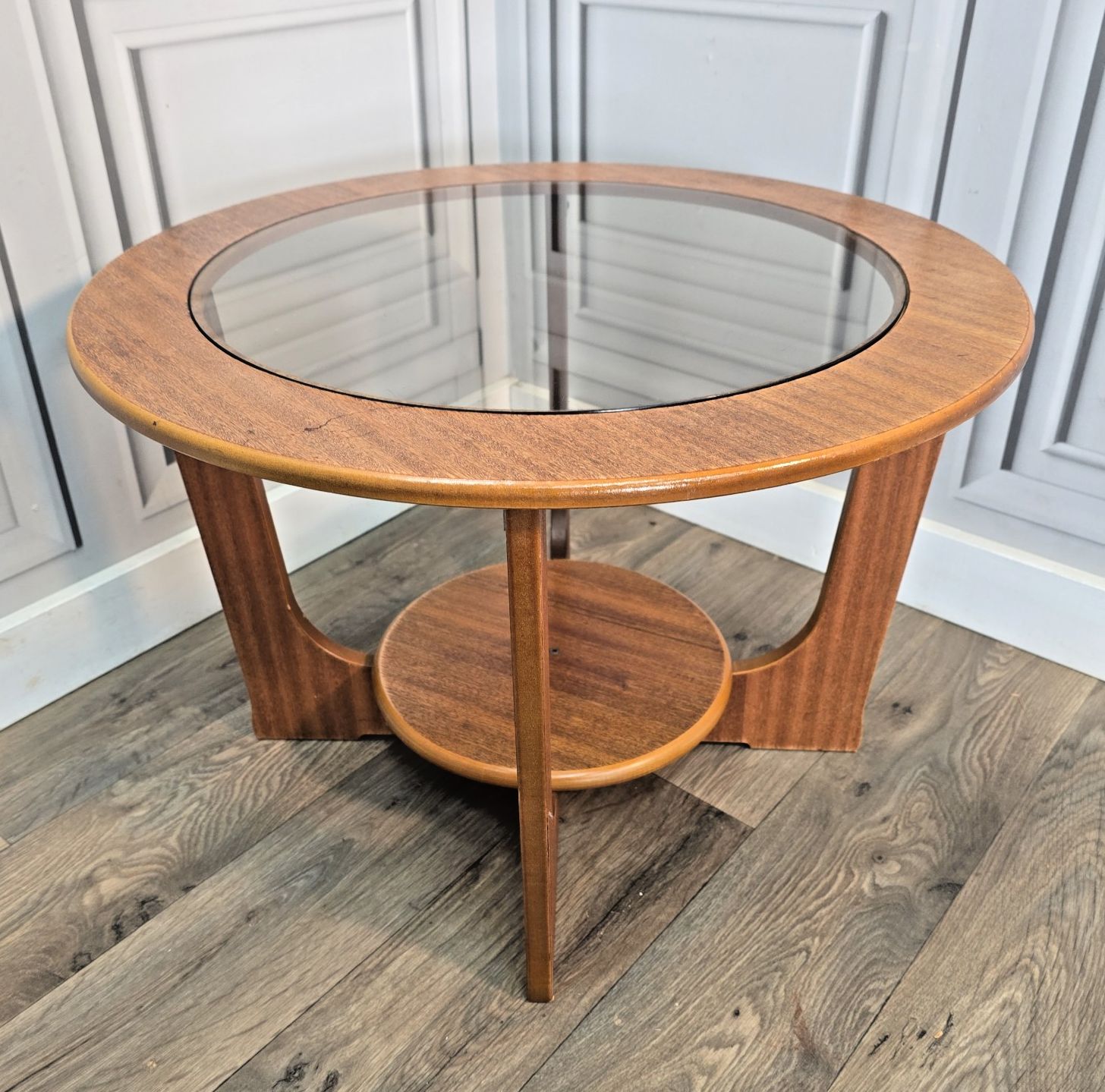 Mid Century Coffee Table Round Wood Teak Effect Vintage Glass Top Retro Mcm
