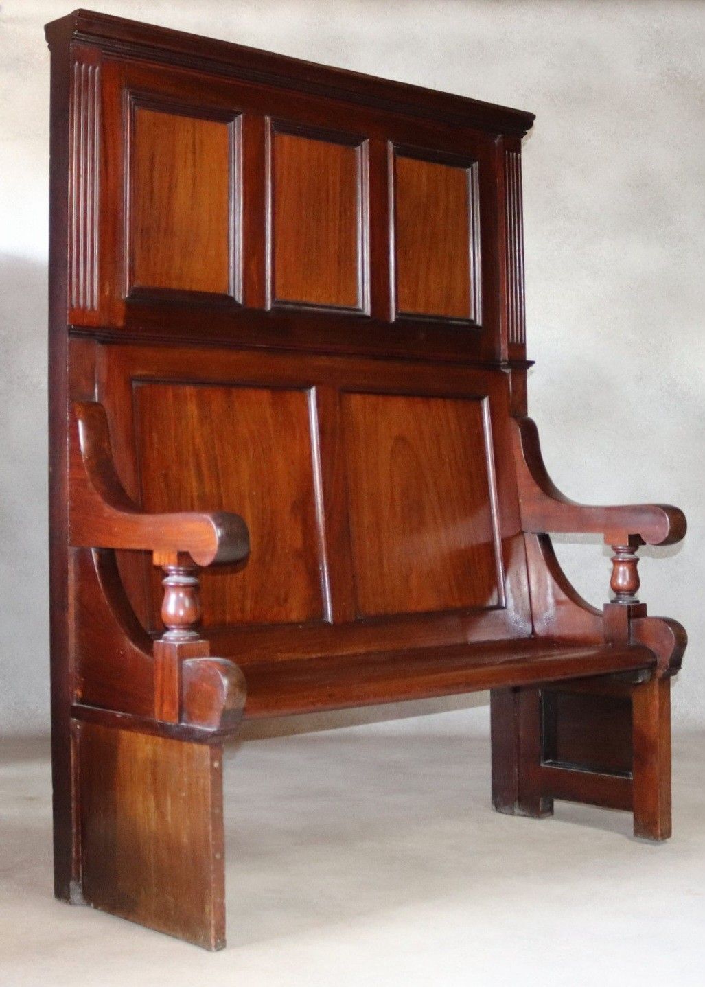 Antique Victorian Mahogany Hall Settle Bench With Panelled High Back C.1890 photo furniture