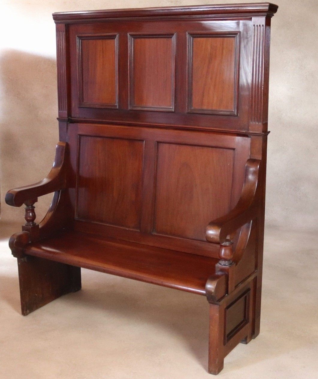 Antique Victorian Mahogany Hall Settle Bench With Panelled High Back C.1890 photo for sale