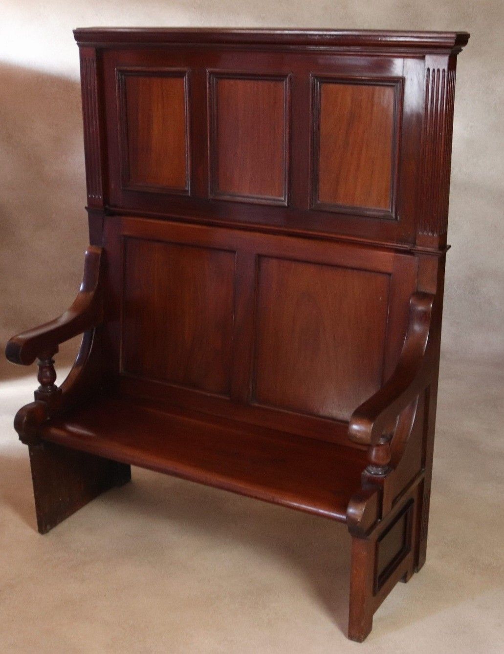Furniture Antique Victorian Mahogany Hall Settle Bench With Panelled High Back C.1890 photo