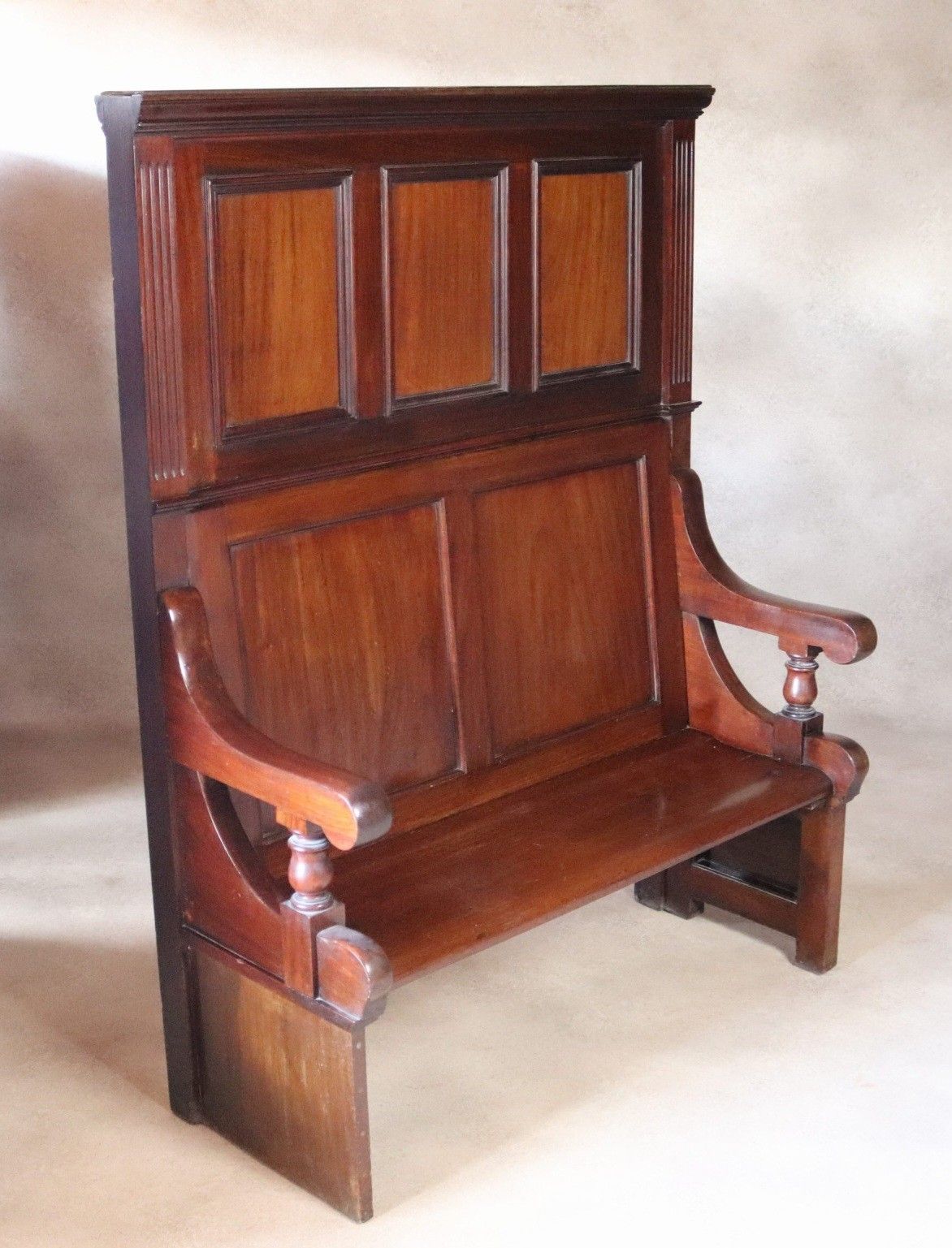 photo vinterior Antique Victorian Mahogany Hall Settle Bench With Panelled High Back C.1890