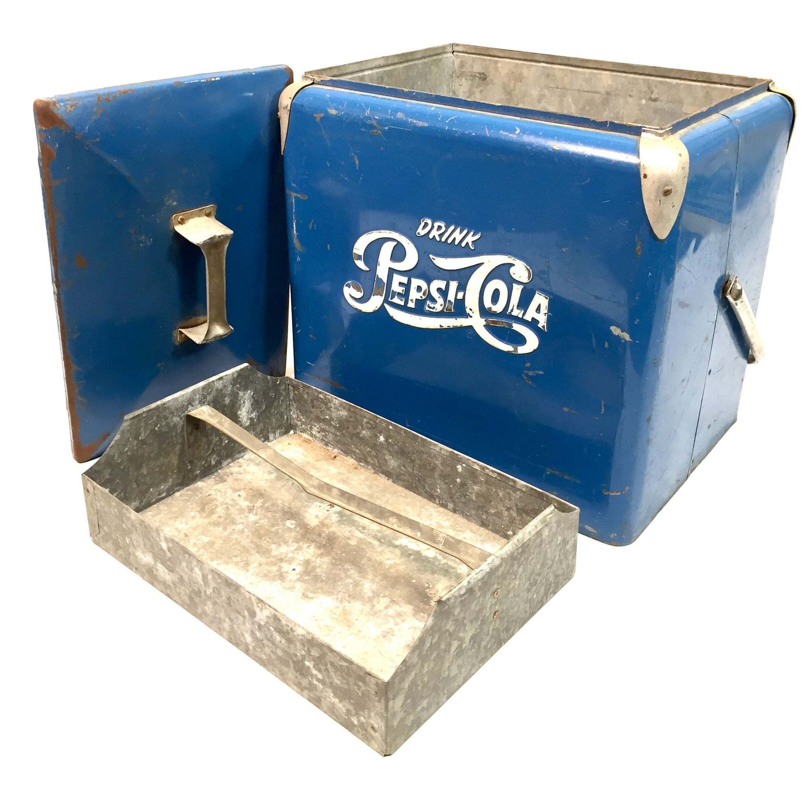 photo furniture Antique Advertising   Original Blue Metal Pepsi Cola Picnic Cooler Box C.1950