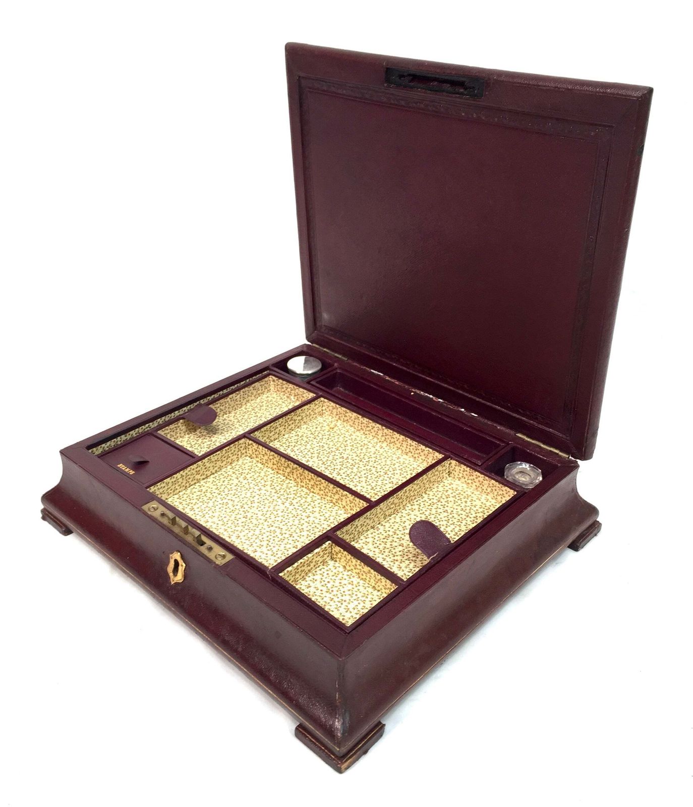 139.0 Antique Victorian Burgundy Leather Bound Stationery Box / Writing Storage Chest photo