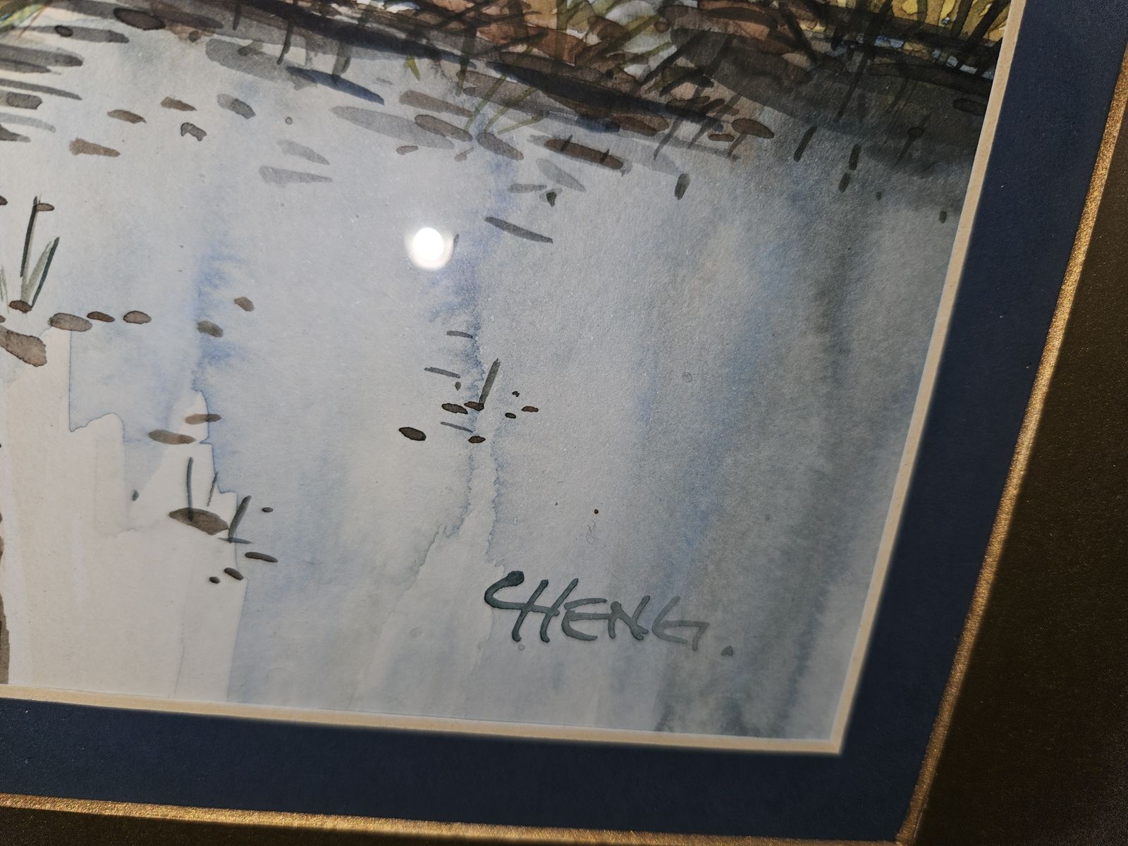 Original Watercolor Paintings Of Lake Scenes By Artist Cheng Gold Frames X 2 photo vintage
