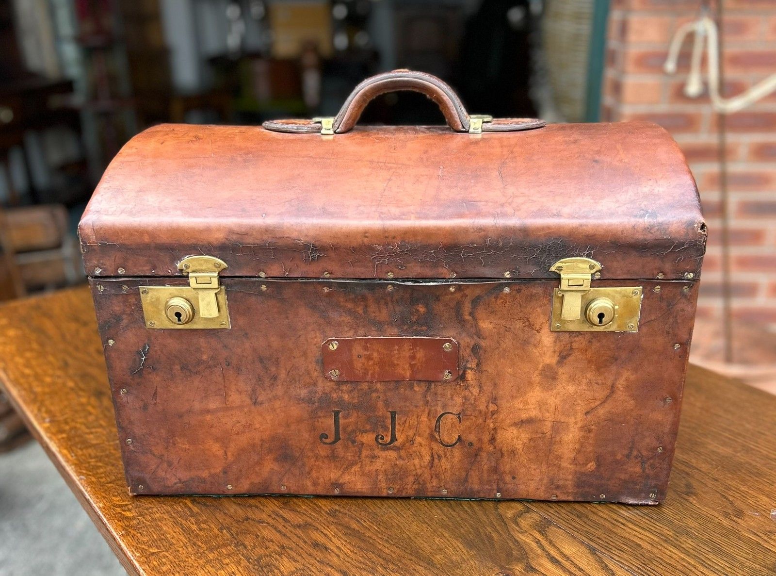Quality Antique Aged Leather Dome Top Monogrammed Travel Trunk Case Document Box photo furniture