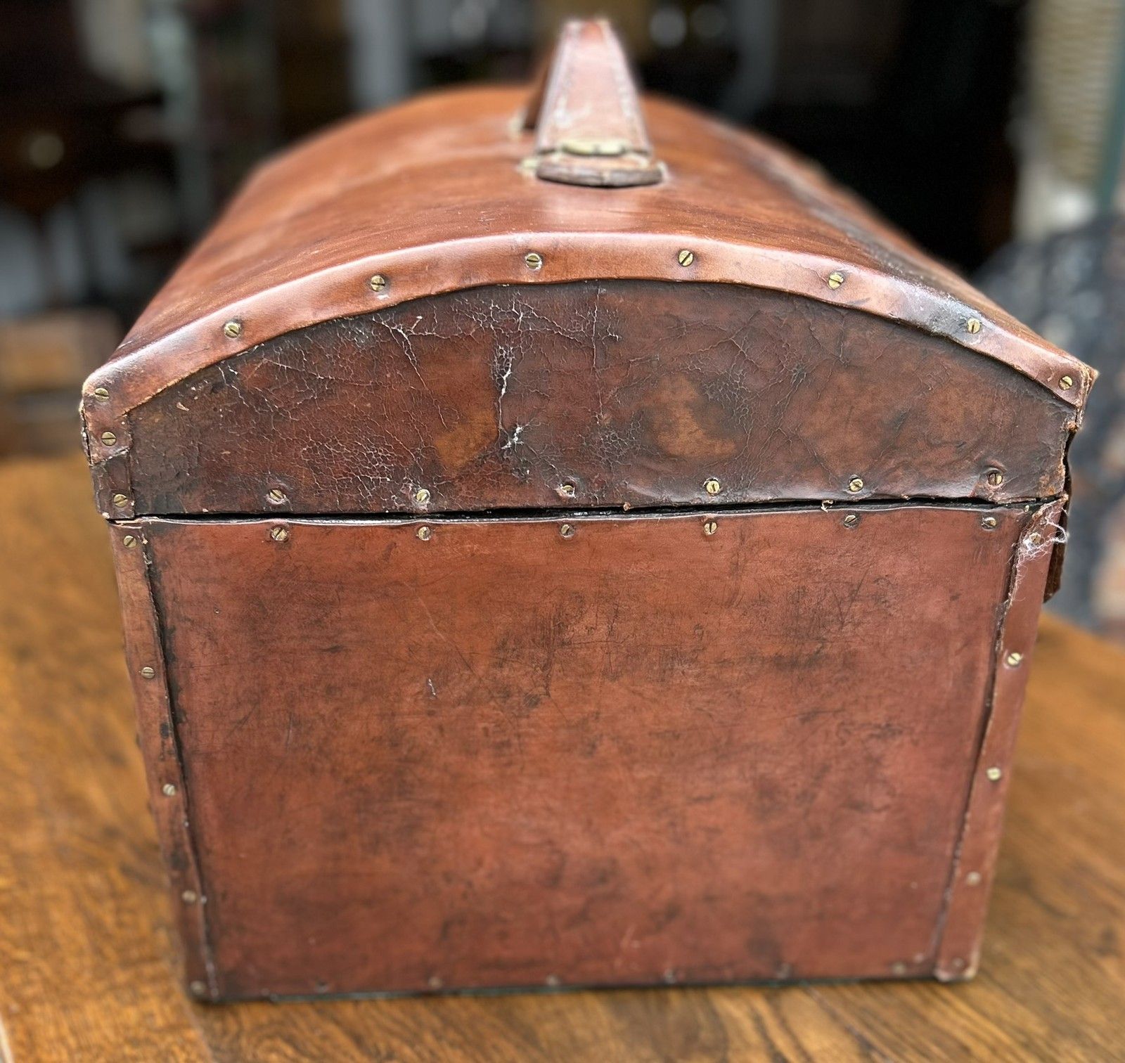 Quality Antique Aged Leather Dome Top Monogrammed Travel Trunk Case Document Box photo buy