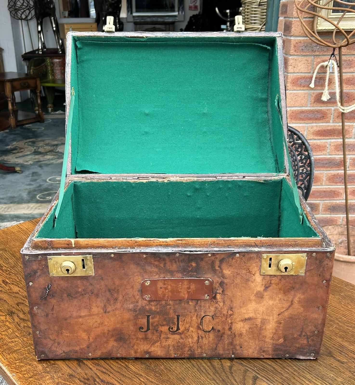 photo furniture Quality Antique Aged Leather Dome Top Monogrammed Travel Trunk Case Document Box