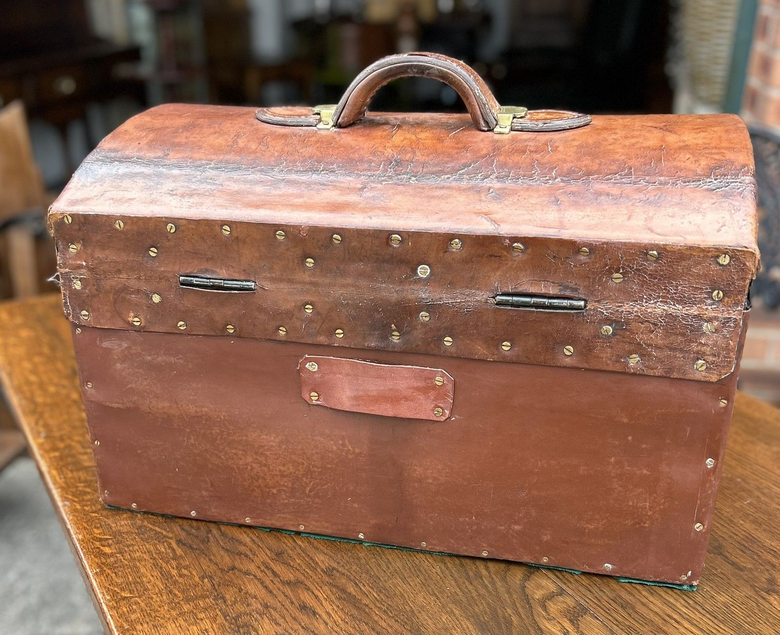photo for sale Quality Antique Aged Leather Dome Top Monogrammed Travel Trunk Case Document Box