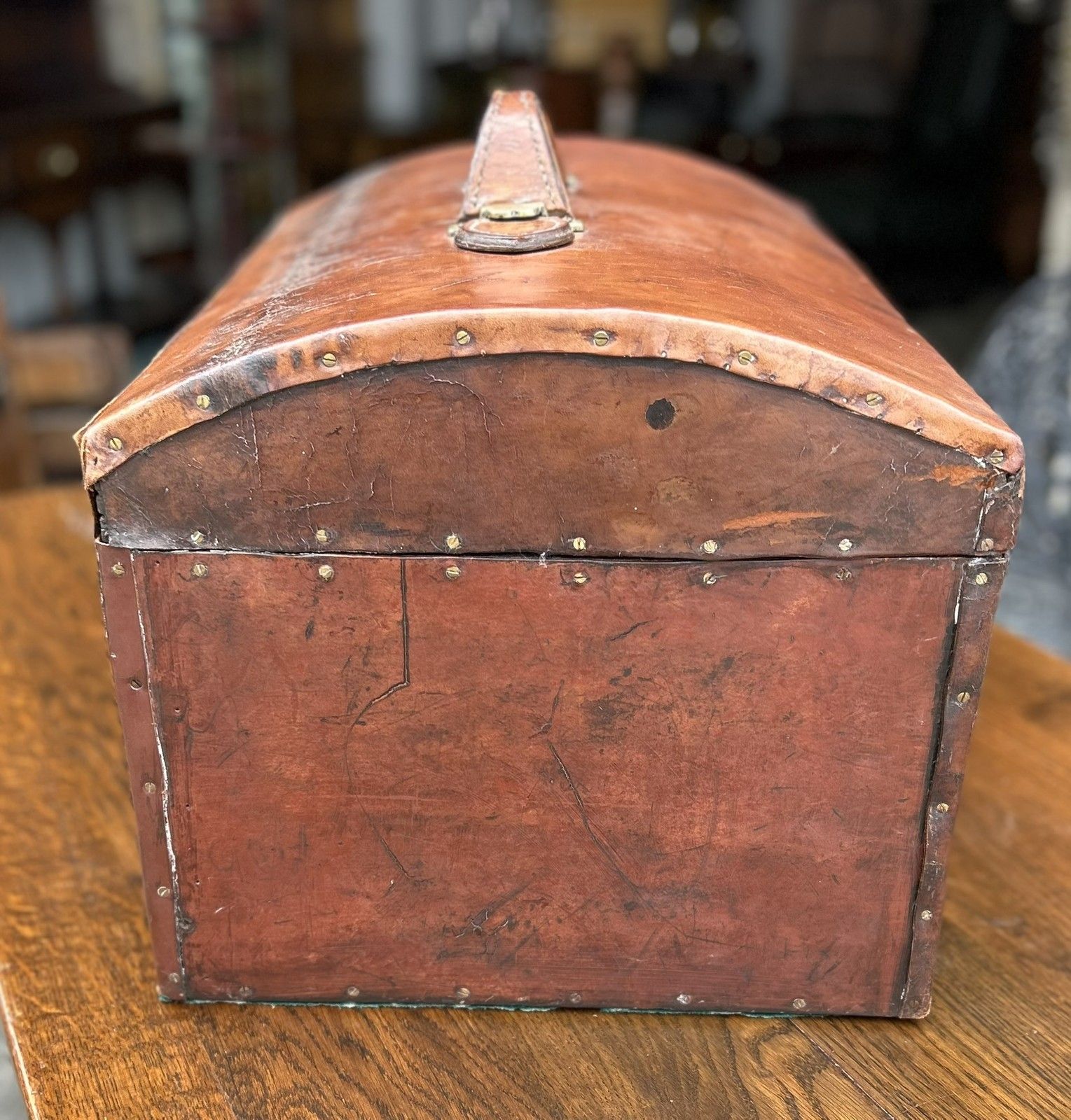 85.0 Quality Antique Aged Leather Dome Top Monogrammed Travel Trunk Case Document Box photo