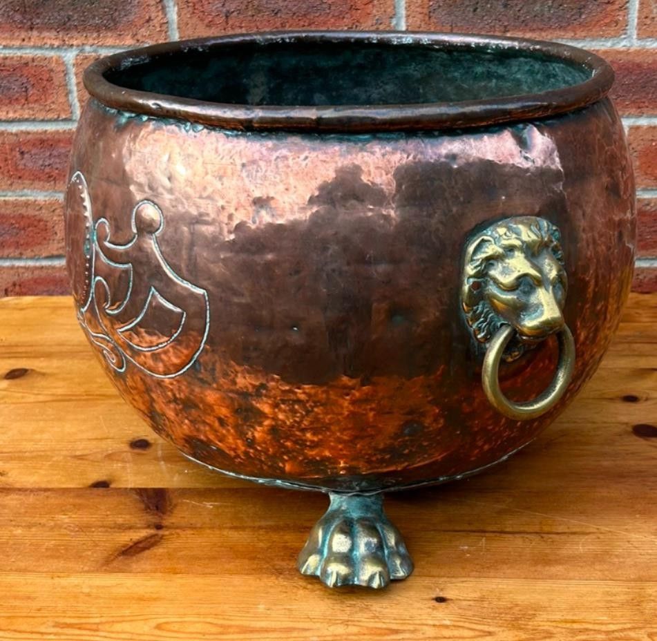 Antique 19th Century Arts & Crafts Copper Lions Head & Paw Log Bucket Planter photo Home Decor