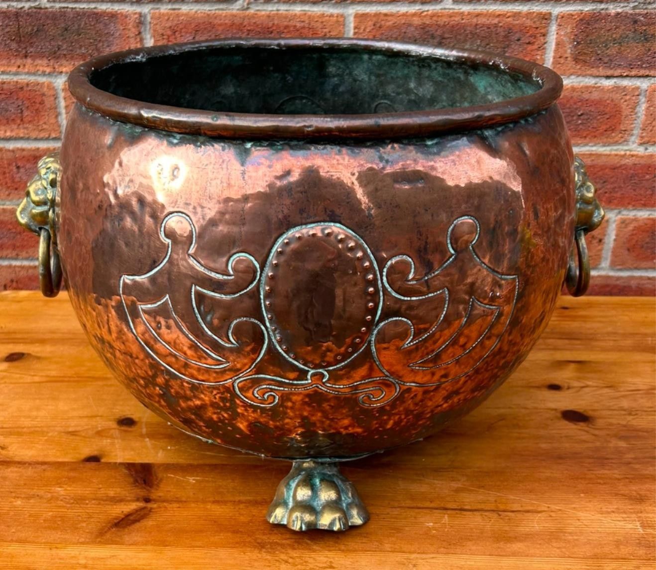 Antique 19th Century Arts & Crafts Copper Lions Head & Paw Log Bucket Planter photo buy
