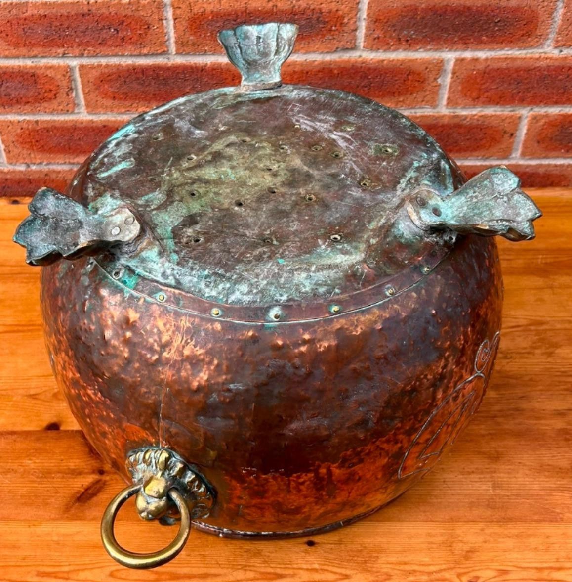 photo for sale Antique 19th Century Arts & Crafts Copper Lions Head & Paw Log Bucket Planter