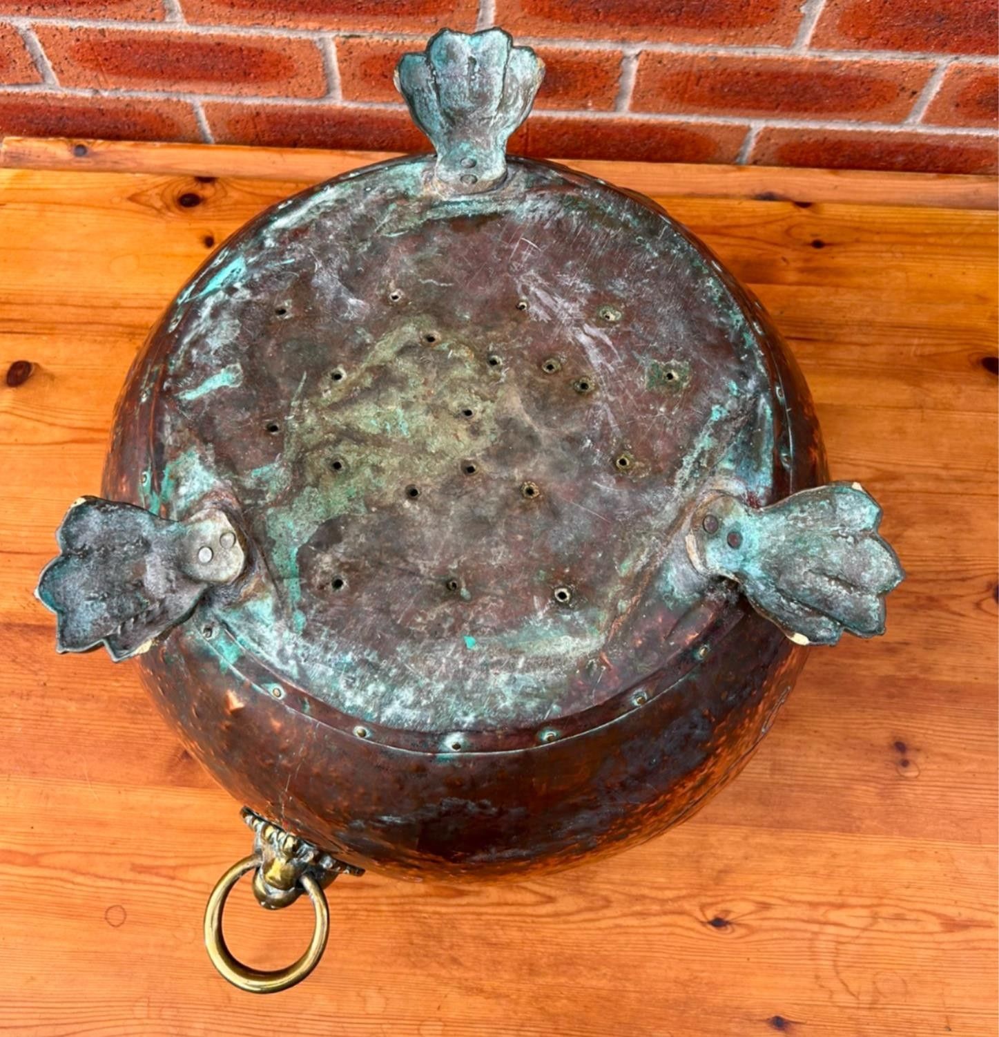 Home Decor Antique 19th Century Arts & Crafts Copper Lions Head & Paw Log Bucket Planter photo