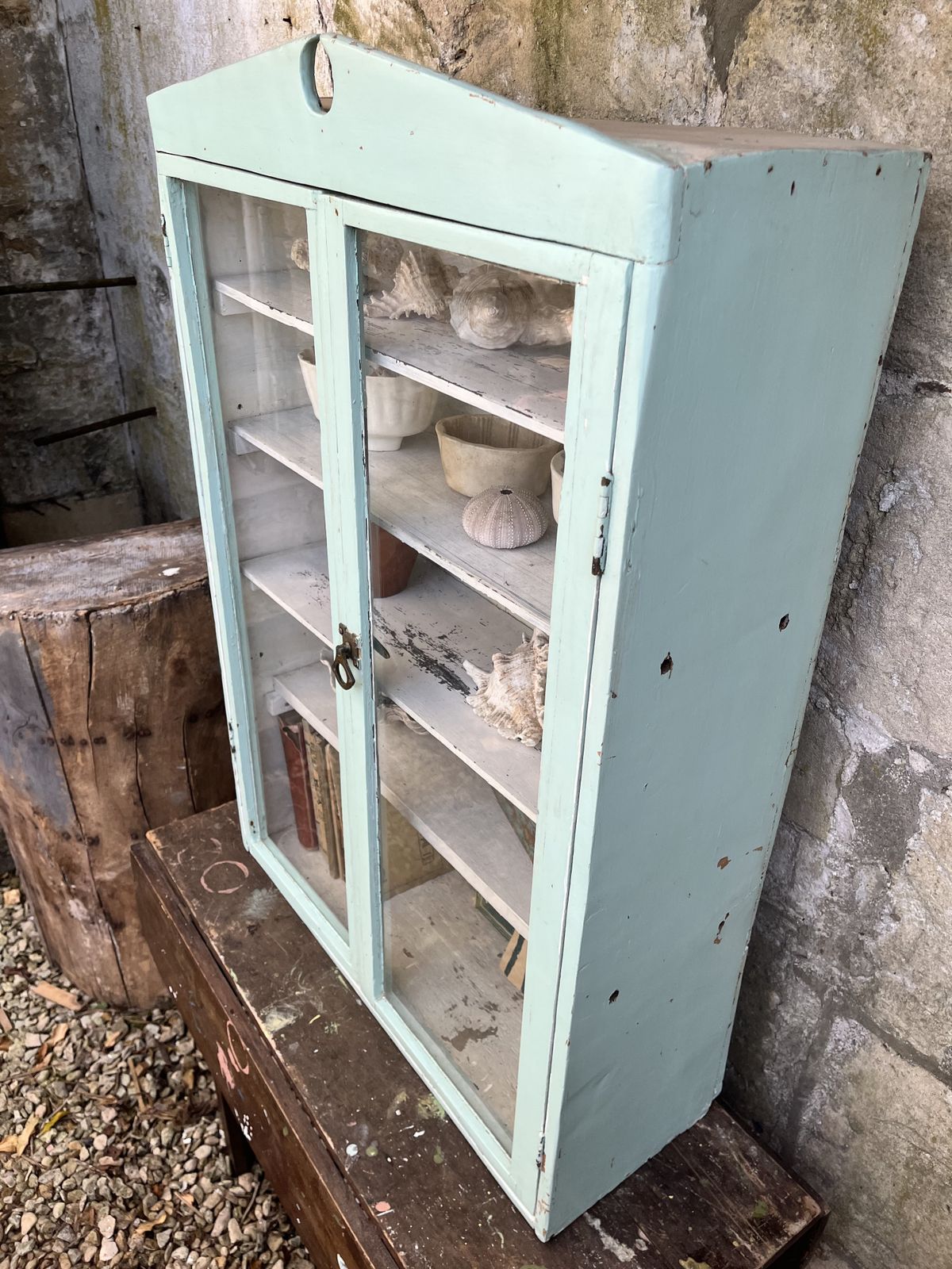 Rustic Glazed Wall Cabinet In Pale Blue And White Paint photo vintage