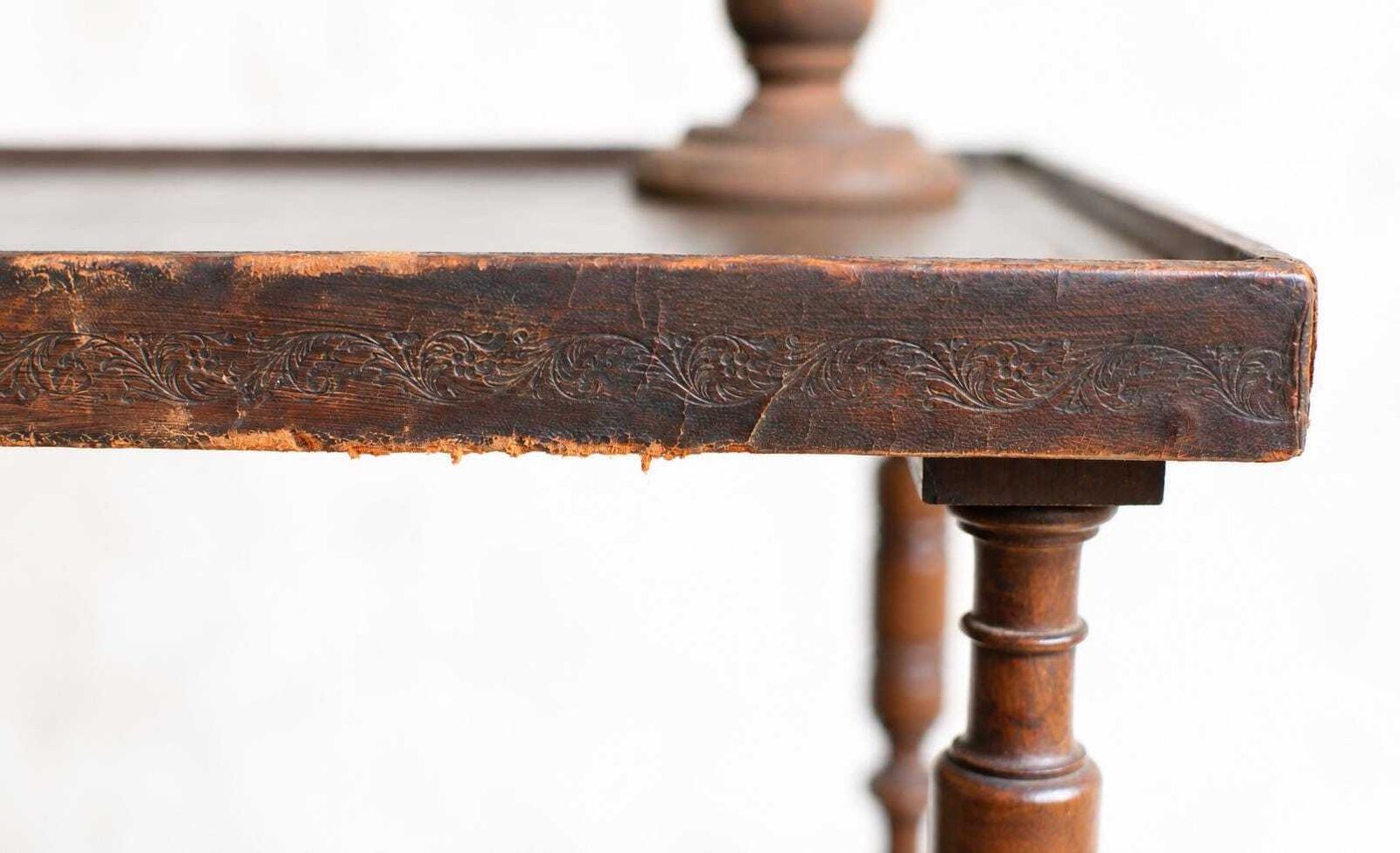 Antique Leather Top Side Table With Bobbin Turned Legs And Stretcher Base photo for sale