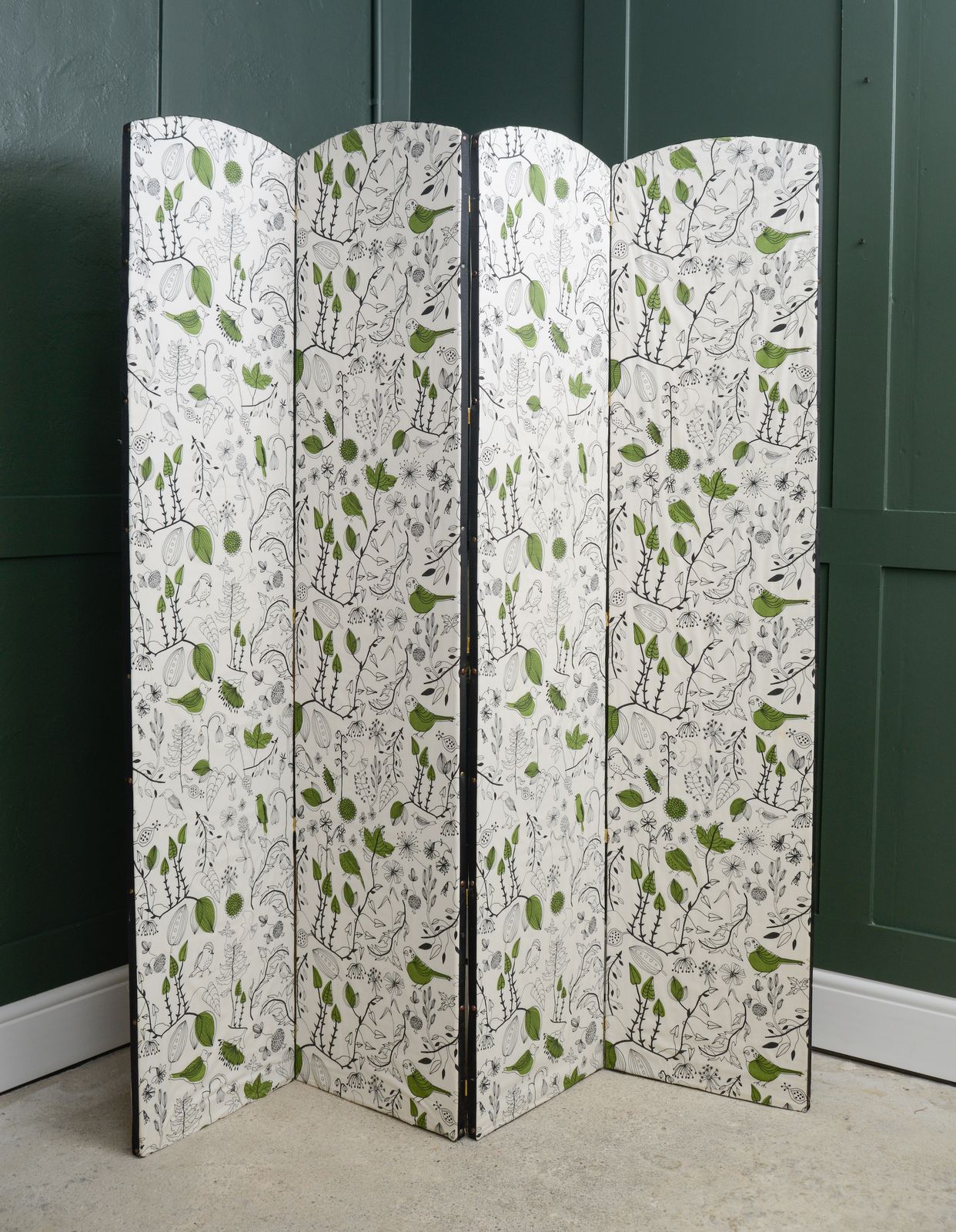 Fabric Panel Folding Room Divider With Ikea Green Birds Fabric photo Textiles