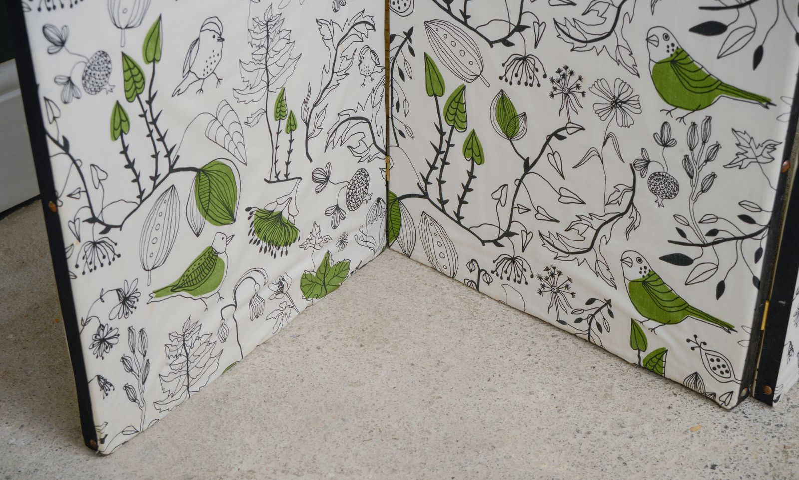 Fabric Panel Folding Room Divider With Ikea Green Birds Fabric photo vinterior