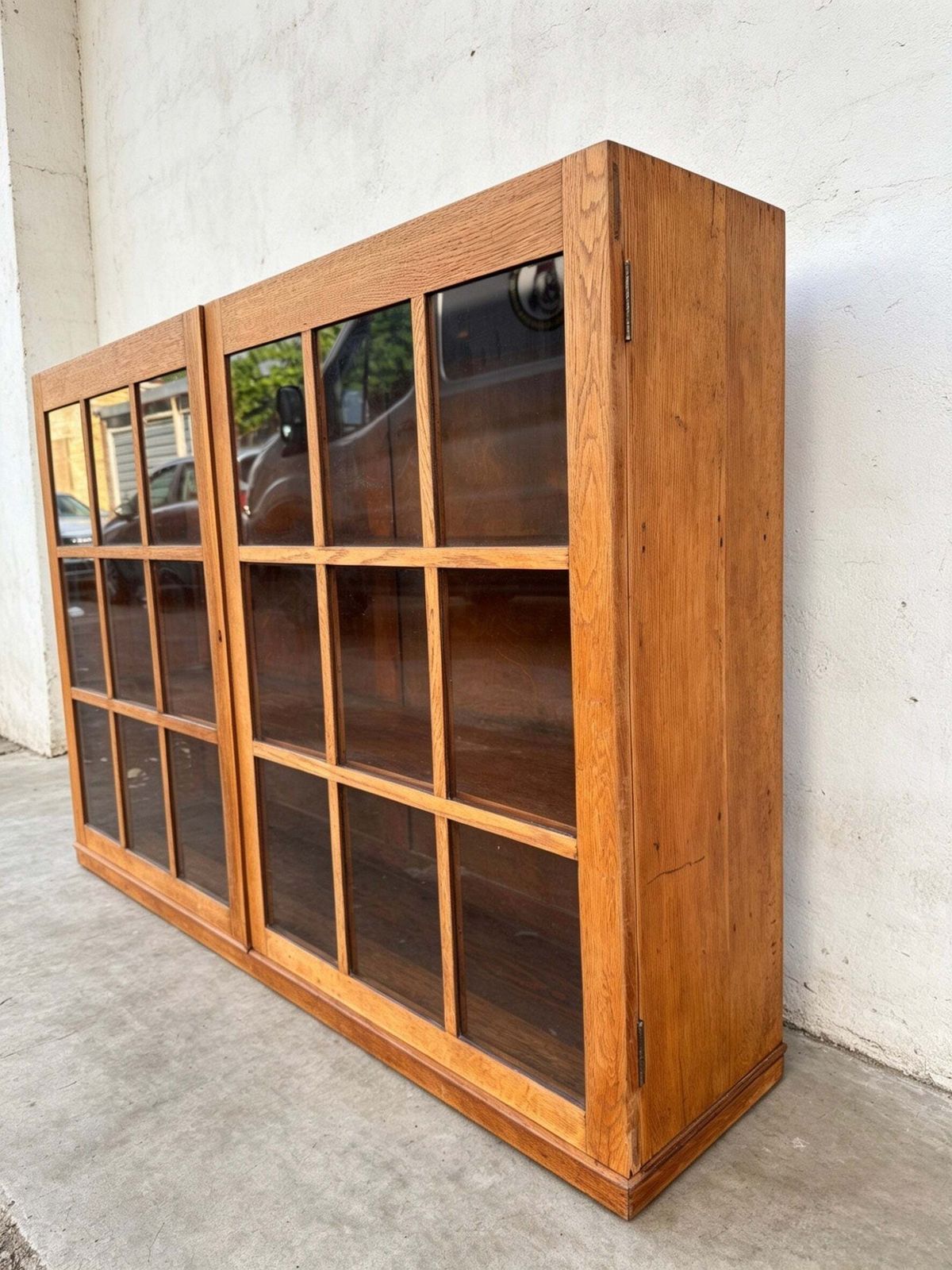 Early 1900s Oak Double Glass Door Display Bookshelf photo vinterior