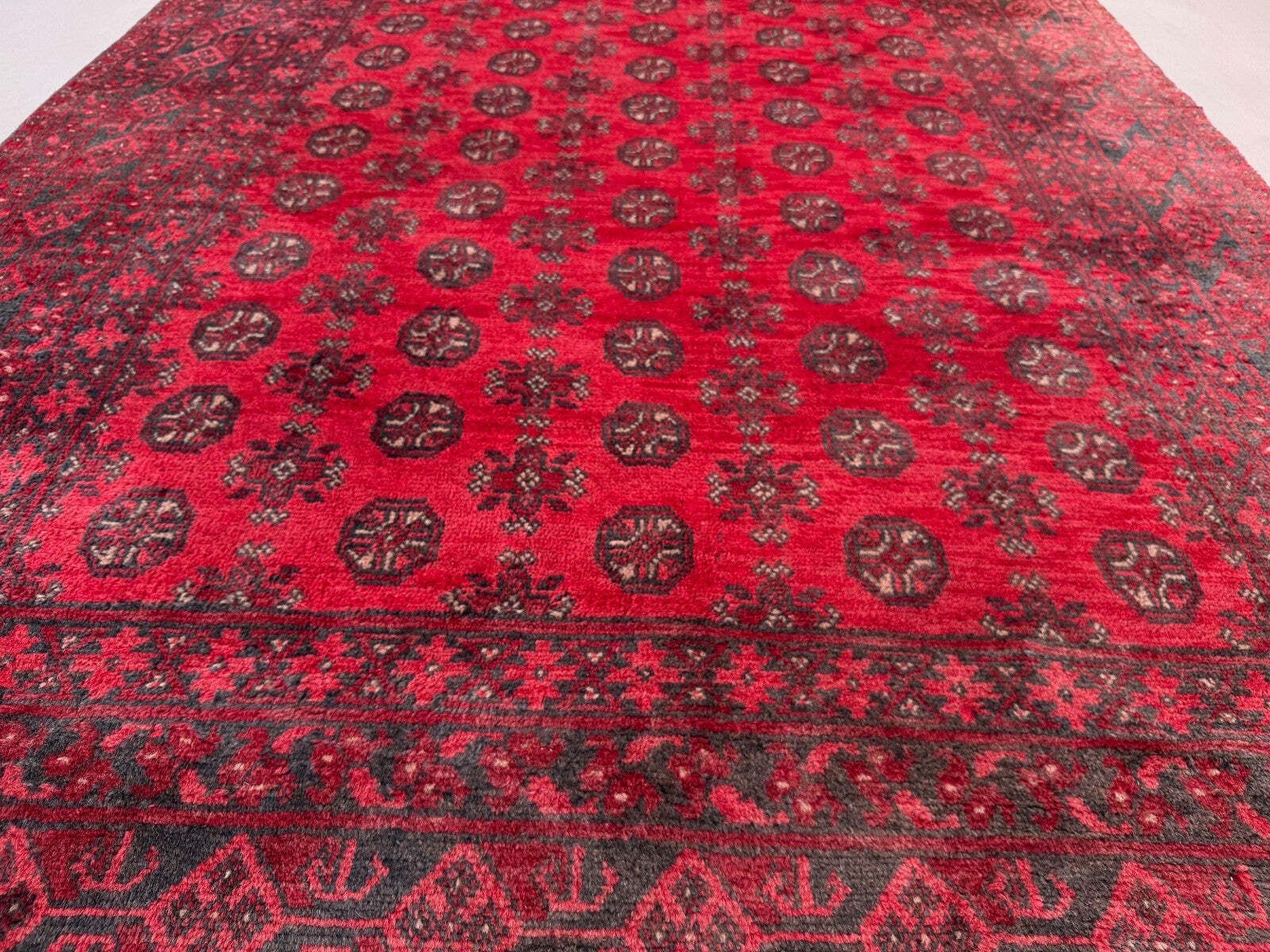 835.0 Vintage Afghan Turkoman Village Rug 195x280 Cm, Red, Black Tribal Large 2541 photo