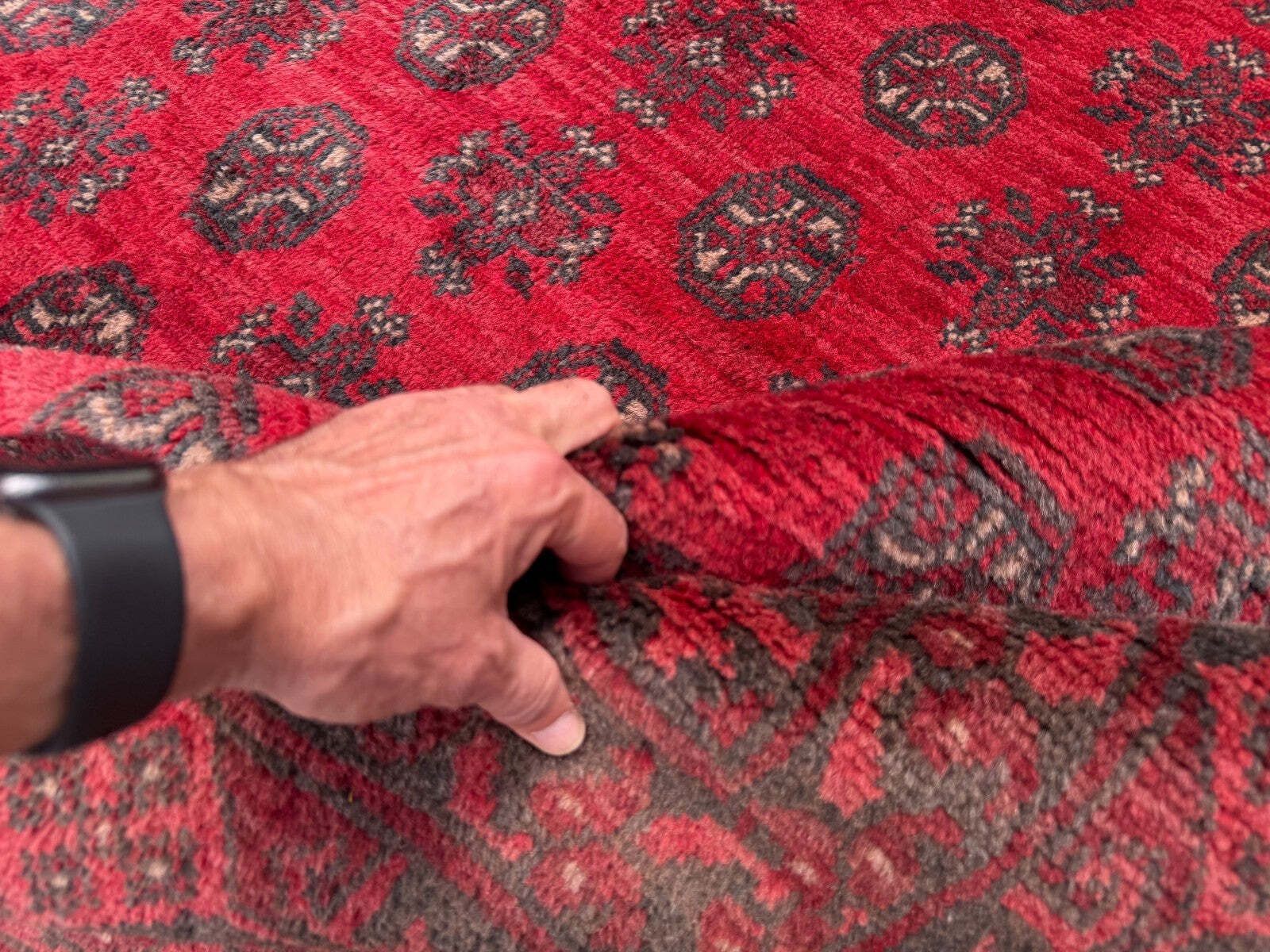 photo buy Vintage Afghan Turkoman Village Rug 195x280 Cm, Red, Black Tribal Large 2541
