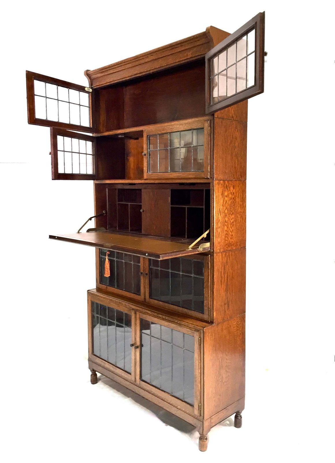 Antique 1930s Minty Oak Leaded Glass Fronted Sectional Bookcase & Bureau Cabinet photo Furniture