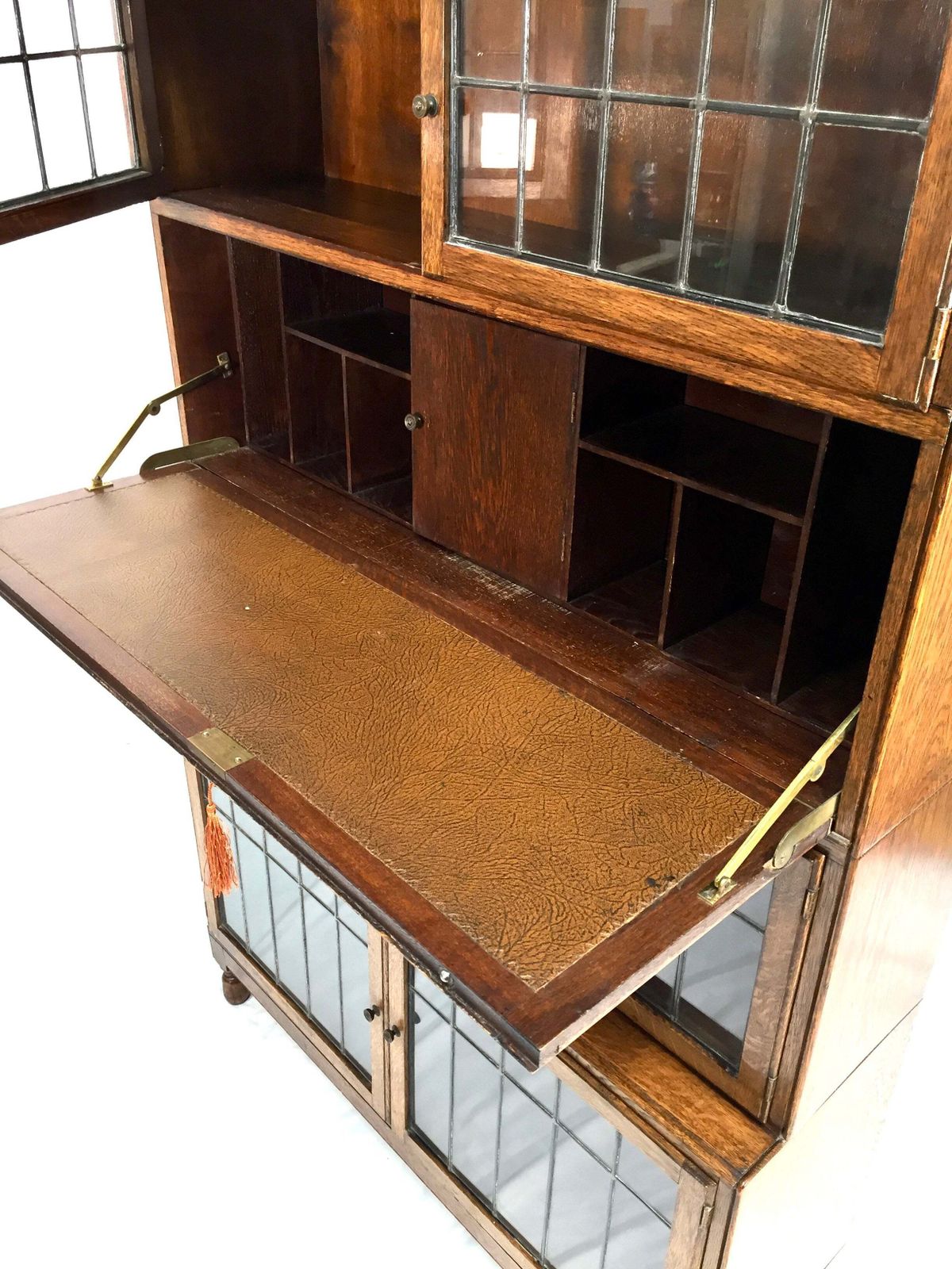 Antique 1930s Minty Oak Leaded Glass Fronted Sectional Bookcase & Bureau Cabinet photo 895.0