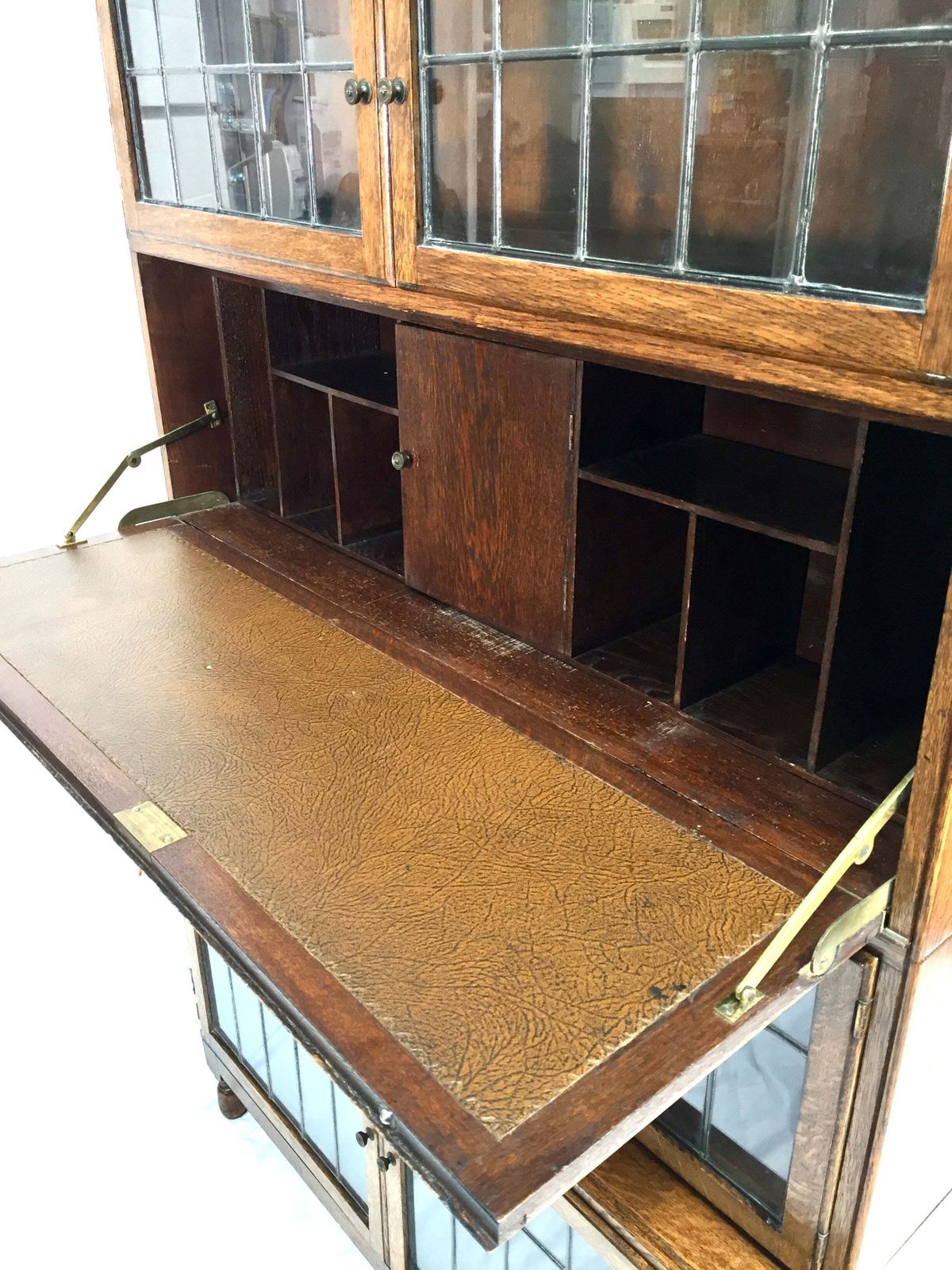 Antique 1930s Minty Oak Leaded Glass Fronted Sectional Bookcase & Bureau Cabinet photo vintage