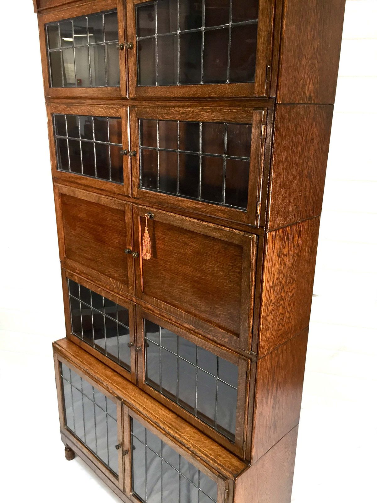 Furniture Antique 1930s Minty Oak Leaded Glass Fronted Sectional Bookcase & Bureau Cabinet photo