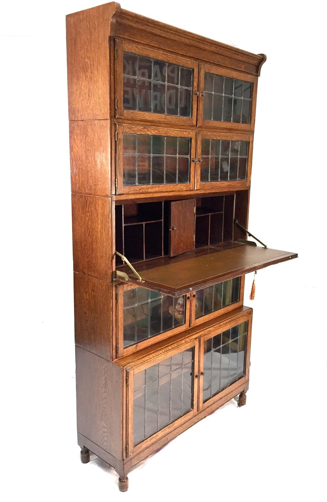 photo vintage Antique 1930s Minty Oak Leaded Glass Fronted Sectional Bookcase & Bureau Cabinet