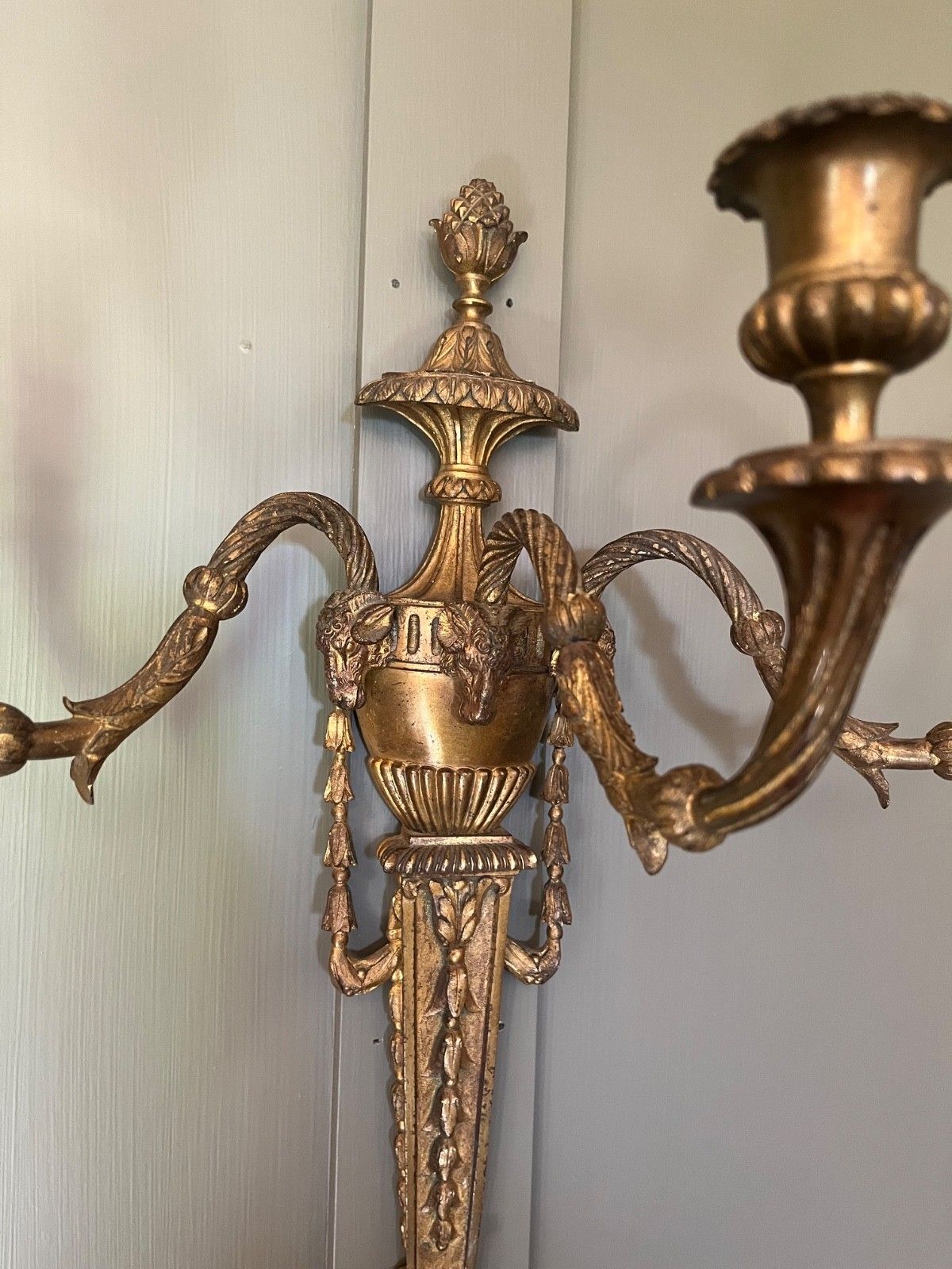 photo for sale Pair Antique Wall Lights Gilt Metal  Decorated With Swags & Rams Heads French
