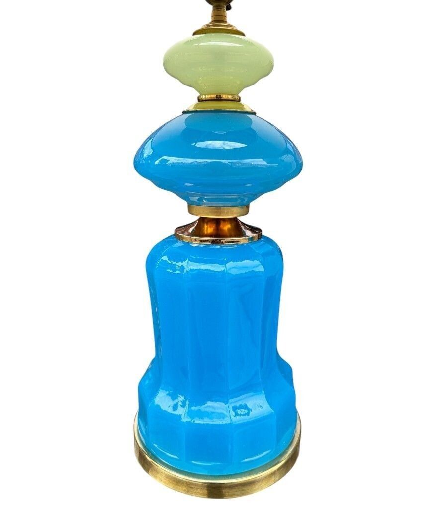 A Pair Of Blue Murano Glass Opaline Lamps By Cenedese With Brass Base And Fittings photo vintage