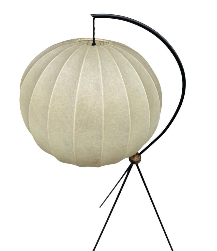 A Rare Italian 1960s Black Lacquer And Brass Tripod Floor Lamp With Cocoon Shade By Castiglioni photo for sale