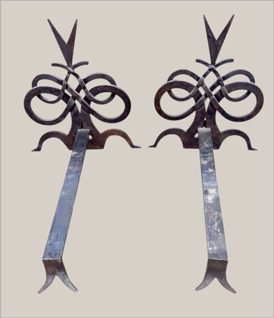 A Pair Of French Hand Forged Wrought Iron Fire Dogs In The Style Of Gilbert Poillerat photo vinterior