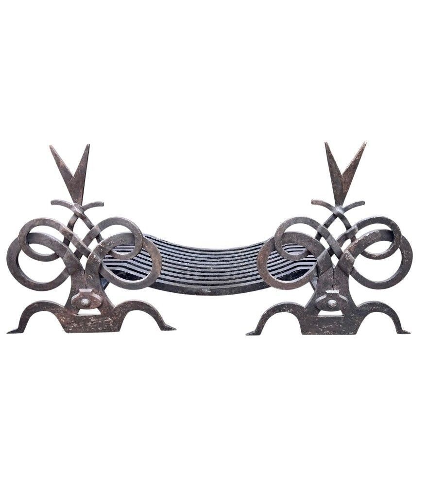 photo for sale A Pair Of French Hand Forged Wrought Iron Fire Dogs In The Style Of Gilbert Poillerat