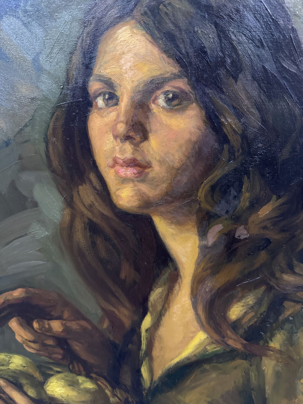 Luis Garcia Oliver, Portrait de femme méditerranéenne au panier de fruits, huile sur toile figurative espagnole, 1974 photo vinterior