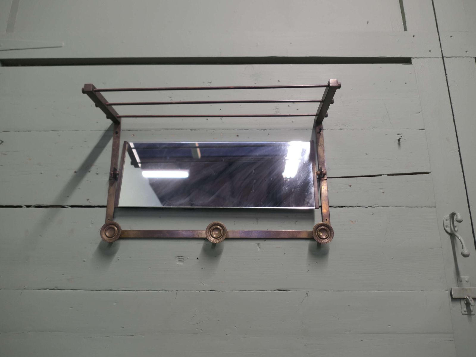 Arts And Crafts French Brass Hall Mirror With Shelf And 3 Coat Hooks photo for sale