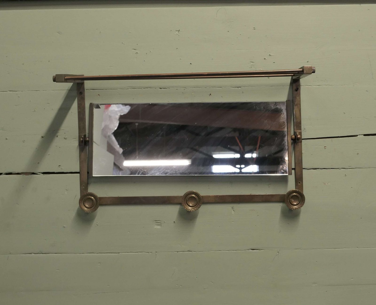 Arts And Crafts French Brass Hall Mirror With Shelf And 3 Coat Hooks photo 660.0