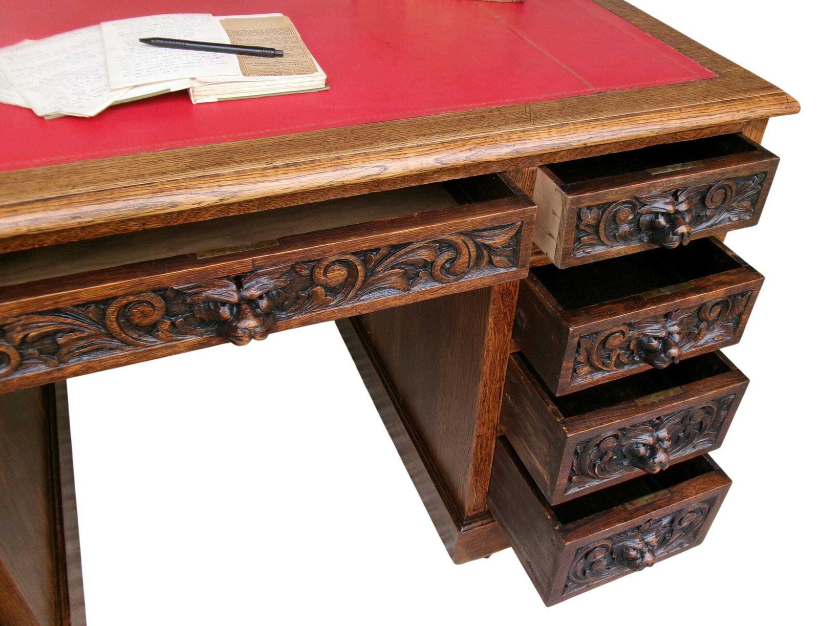 photo for sale Victorian Lion Mask Oak Desk, Red Leather Top, Antique Carved Flemish Study Library Office Furniture